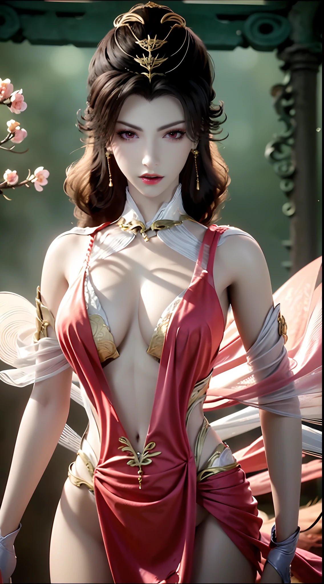 "1 beautiful girl wearing a traditional costume, a long thin pale pink dress made of meticulously made silk, deep slit shirt, historical style costumes, sexy ancient style, jet black curly hair, the most beautiful and detailed hair jewelry, beautiful little face thin eyebrows, the most beautiful and spotless face, ((black iris:0.8)), the very beautiful eyes, big round eyes, ((brown pink color eyes:1.1)), fine and detailed makeup eyelashes, high nose, wearing earrings, small red lips, rosy face, clean face, beautiful face without blemish, smooth white skin, ((big breasts:1.2)), Blums boobs, ((big and super round breasts:1.5)), ((super tight breasts:1.2)), ((breast augmentation:1.5)), beautiful breasts, slim and petite body, ((thin waist: 0.9)), frontal portrait of a beautiful girl, sexy girl, skirt, fishnet stockings color coordinated according to the outfit, pose elegantly, elegantly, and politely, 8k photo, super high quality, super realistic, 10x super pixels, photo realistic, dark studio, border light, two tone light, (detailed skin high: 1.2), 8k uhd, dslr, soft light, high quality, volumetric light, candid, Photo, high resolution, light, best photo, 4k quality, 8k, Bokeh, Smooth and sharp, pixel up 10 times, lightning, super graphics, the most realistic graphics, (((red thunder background:1.4)))1 girl, alone, solo, (((frontal portrait:1))), Extremely sharp, super realistic images, ((outside scene of falling peach blossoms:1.2))), ((angle shot tilted from bottom to 45 degrees)),"