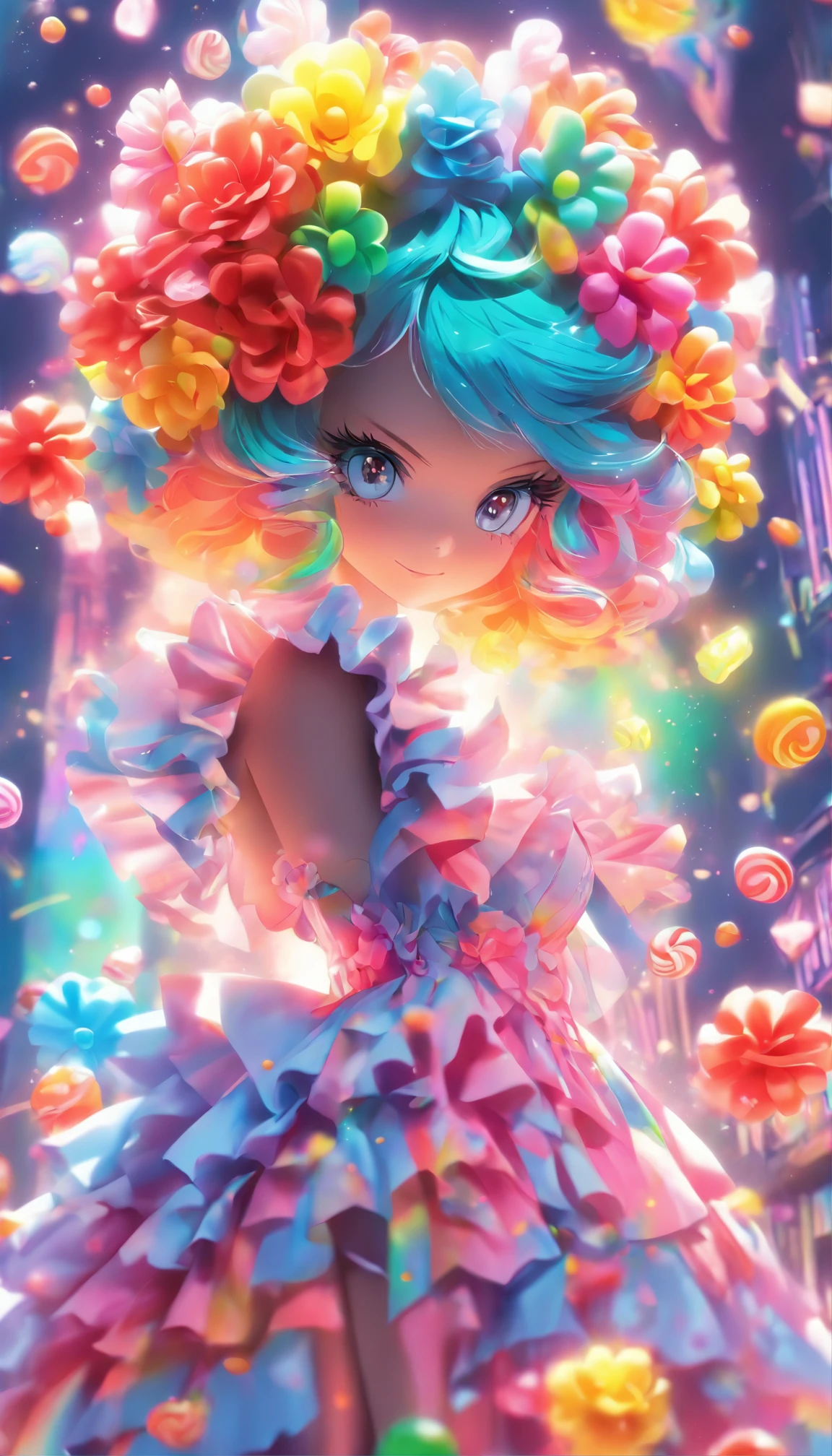 Masterpiece, Best quality,1girll,GothGal,Frilled dress 8K,A high resolution, ( flower_Styler:1.2),(rainbow-candy:1.2)