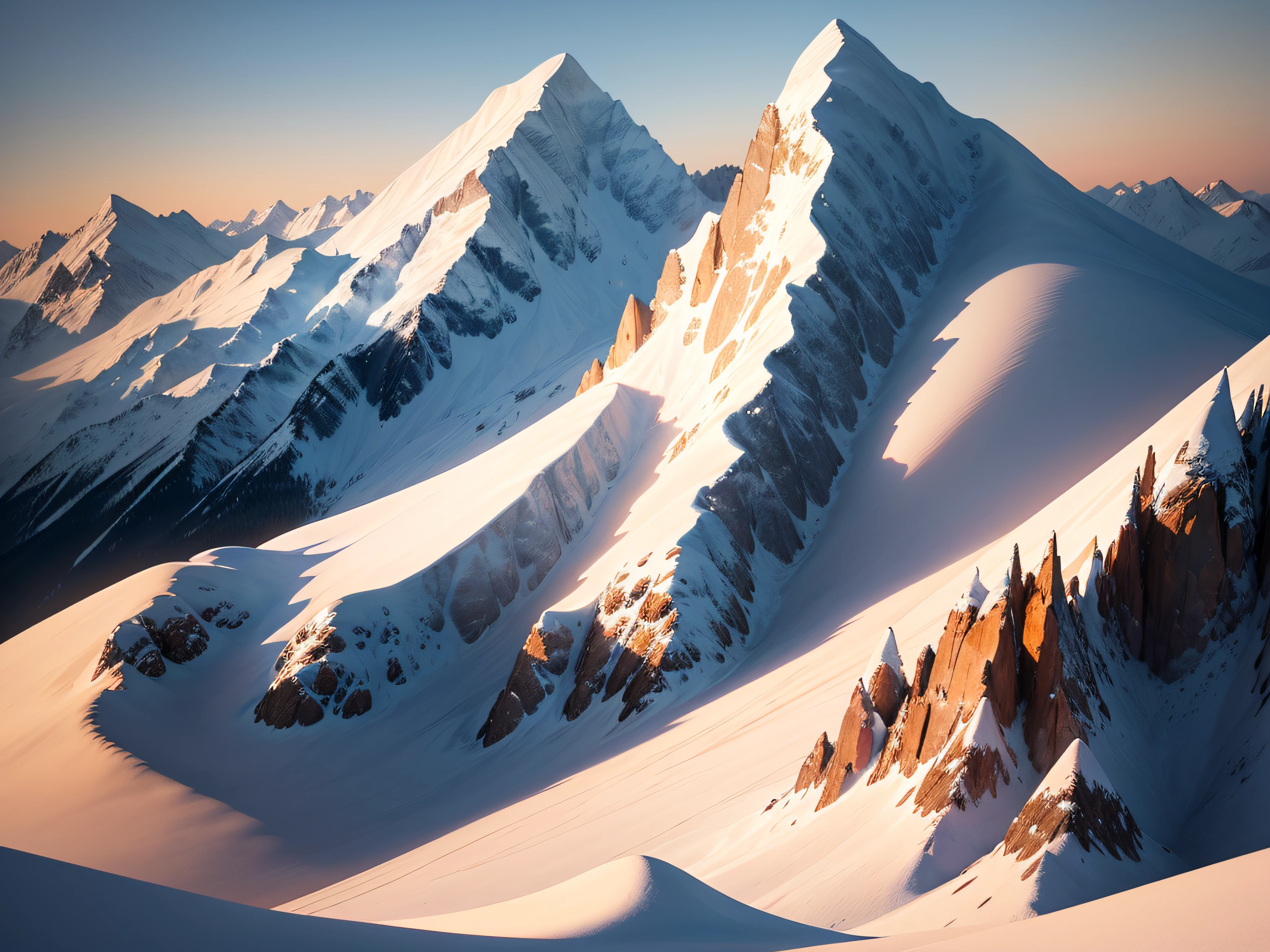 A snow mountain, adorned with pristine white slopes, is illuminated by the setting sun, casting long shadows that dance across the landscape, creating a captivating display of light and shadow, amplified by the artistic rendering of a watercolor painting, with soft brushstrokes, gentle gradients, and a harmonious blend of cool and warm tones.