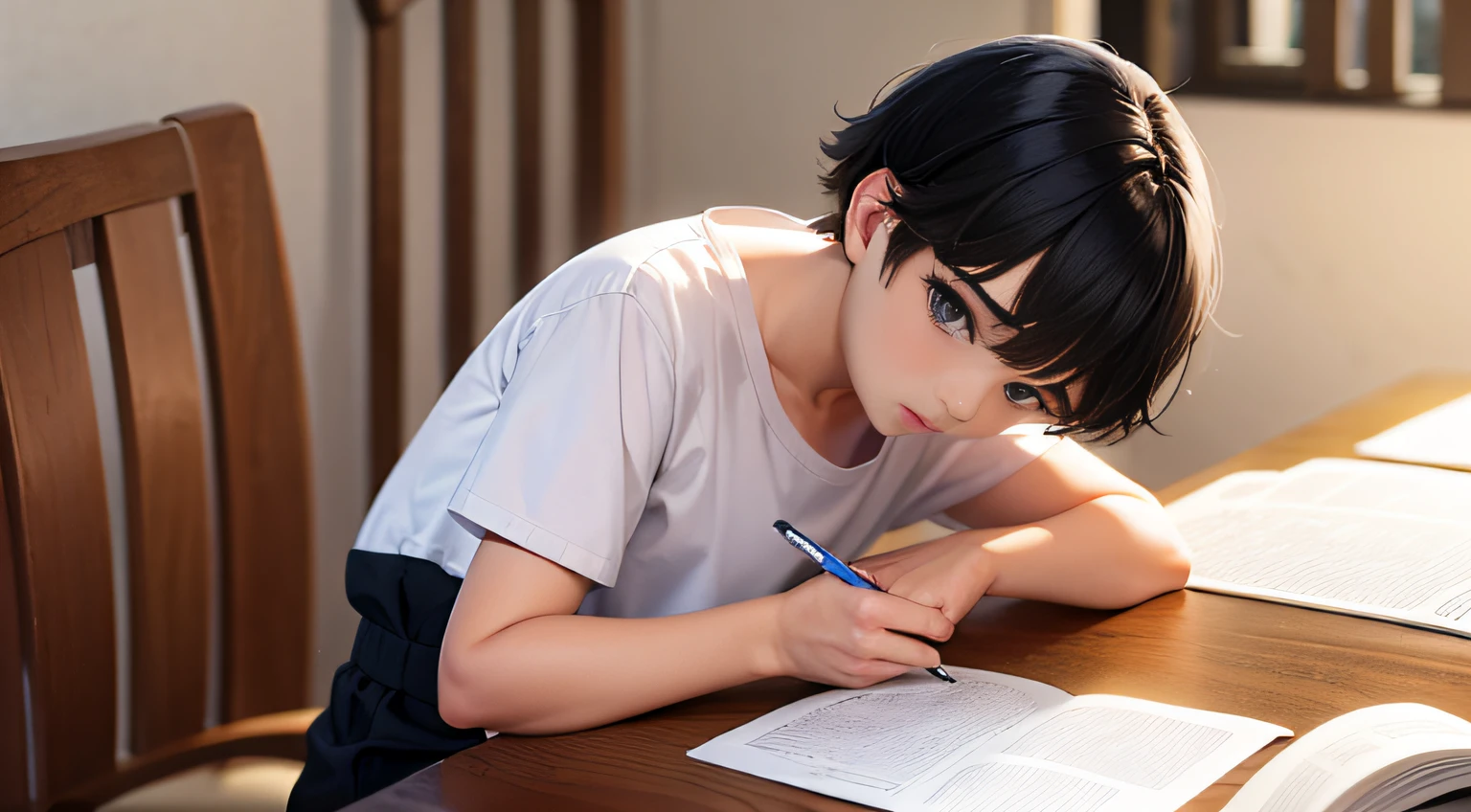 One was wearing a white T-shirt,with short black hair,Brown-eyed eight-year-old boy tutors a man wearing a long pink dress,cabelos preto e longos,Blue-eyed six-year-old girl doing homework