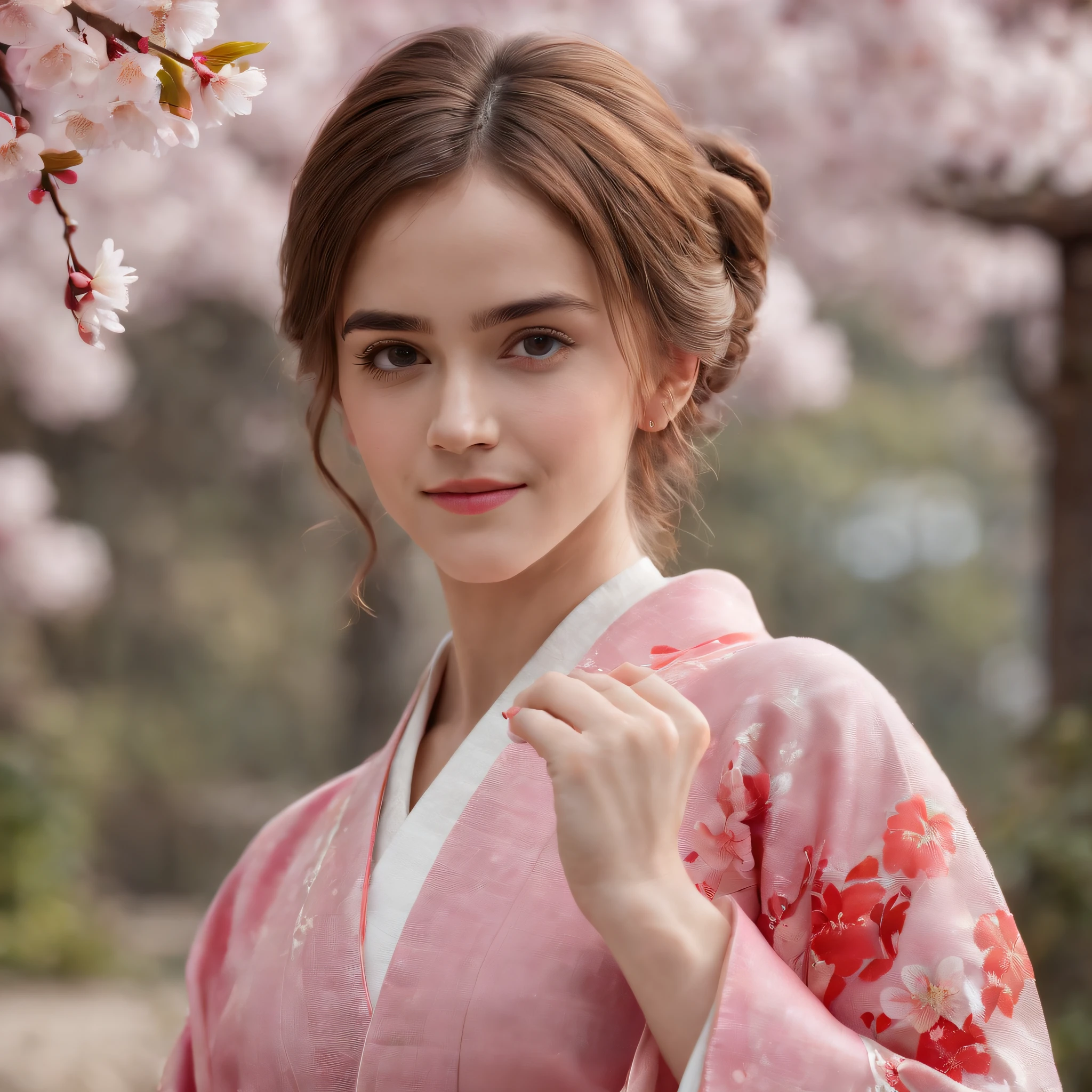 (best quality,4k,8k,highres,masterpiece:1.2),ultra-detailed,(realistic,photorealistic,photo-realistic:1.37),Emma Watson in Japanese kimono,cute smile,shyness,extremely detailed face and eyes,beautiful detailed lips,soft and smooth light,detailed hands with long slim fingers,detailed costume with intricate patterns,full body view,traditional Japanese garden as the background,vibrant colors,HDR lighting,peaceful ambiance,traditional art style,graceful poses,glimmering sakura petals in the air