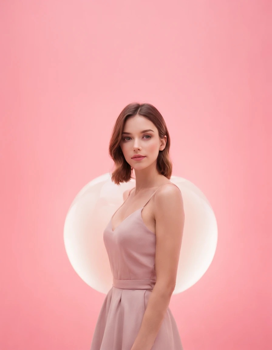 Young woman standing in front of a set of separated spheres, light pink background, high quality photography, magazine cover photography, artistic photo, professional model, elegant pose, (medium shot)