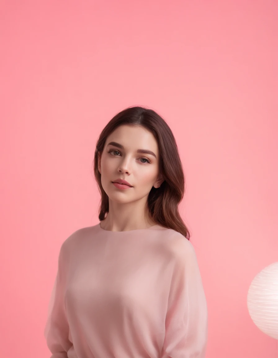 Young woman standing in front of a set of separated spheres, light pink background, high quality photography, magazine cover photography, artistic photo, professional model, elegant pose, (medium shot)