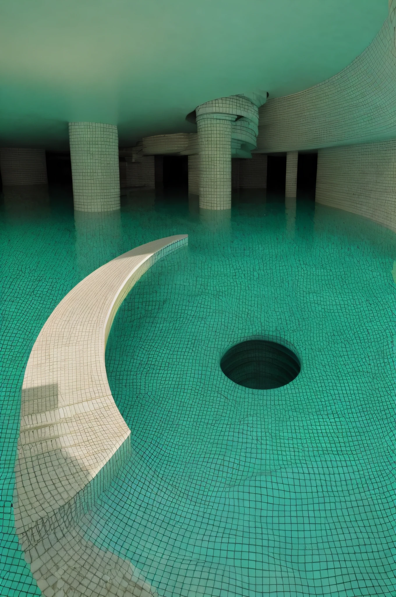 The pool has a spiral staircase、At the bottom stands a person, Spooky vortex, under the water, Whirlpool, Drawn into a spiral vortex, pool of water, underground lake, Very realistic, sewer, Huge palace pool, Harry Henigsen, SCP 3008, beautiful image, Thalasophobia