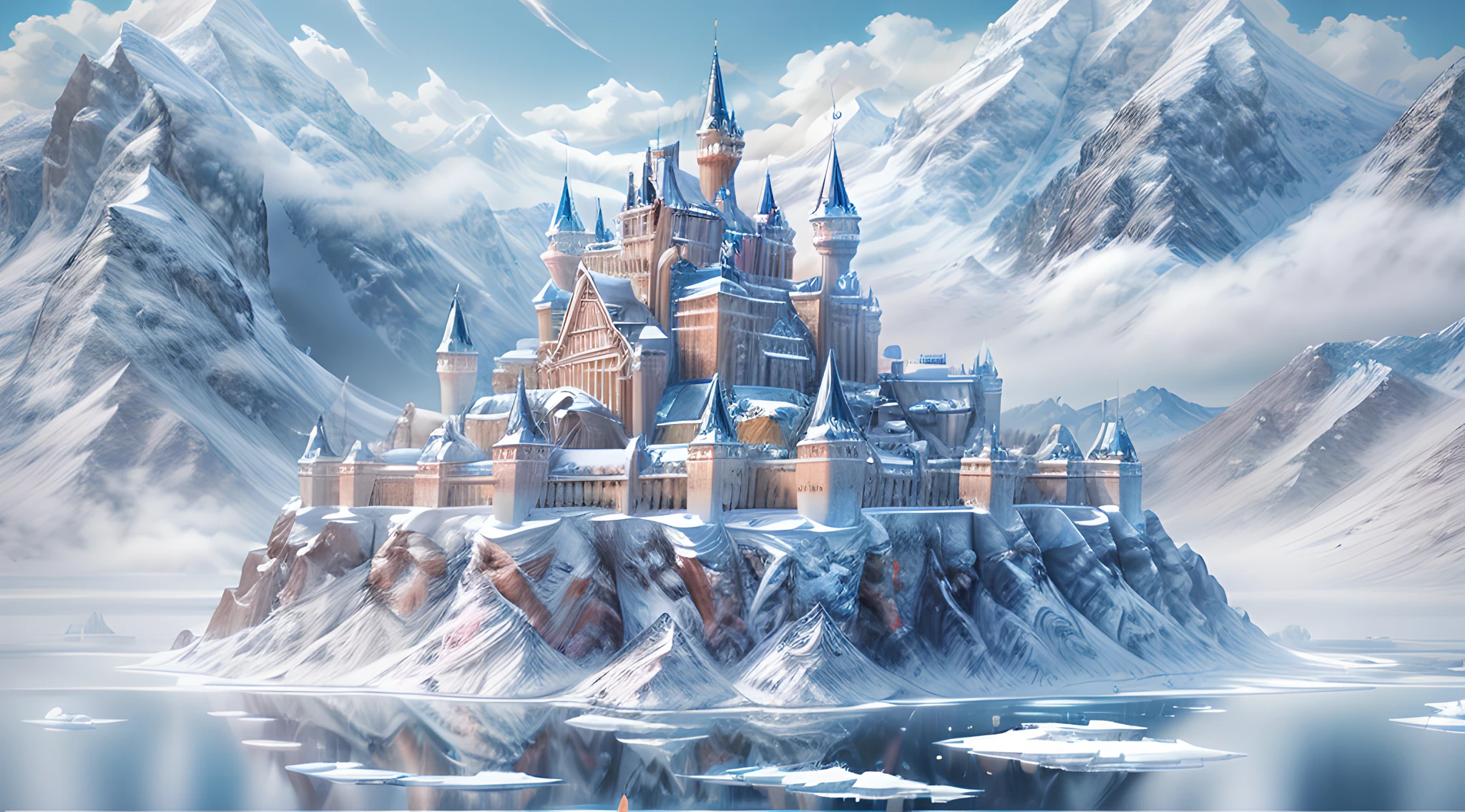 a panoramic illustration of a castle made from [[ice]] made_of_ice standing on the peak of a snowy mountain, an impressive best detailed castle made from ice (masterpiece, extremely detailed, best quality), with towers, bridges, a moat filled with water, standing on top of a snowy mountain (masterpiece, extremely detailed, best quality), with pine trees, daylight, sun rays, some clouds in the air,  alpine mountain range background, best realistic, best details, best quality, 16k, [ultra detailed], masterpiece, best quality, (extremely detailed), ultra wide shot, photorealism, depth of field, 3D animation rendering