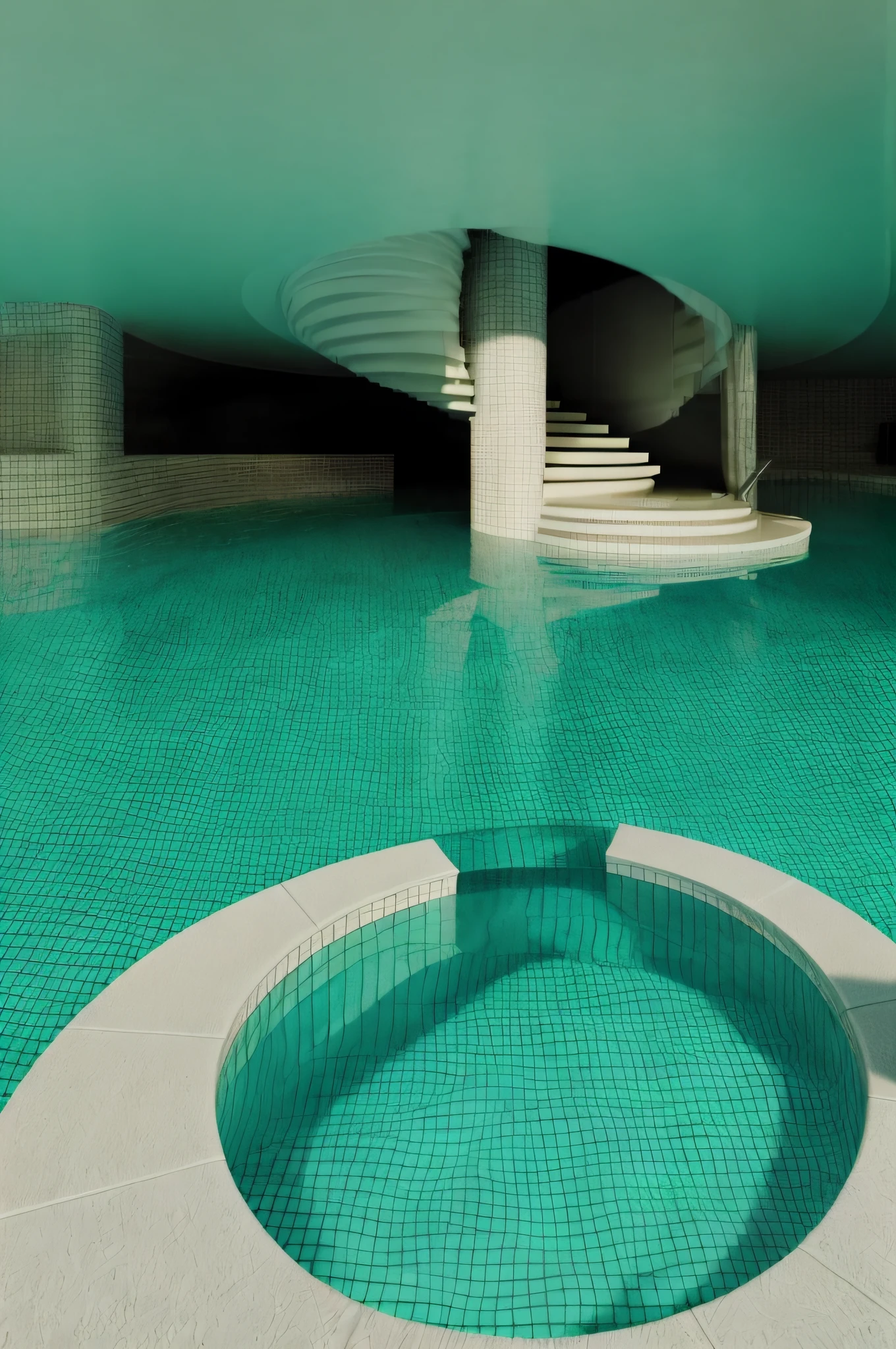 The pool has a spiral staircase、At the bottom stands a person, Spooky vortex, under the water, Whirlpool, Drawn into a spiral vortex, pool of water, underground lake, Very realistic, sewer, Huge palace pool, Harry Henigsen, SCP 3008, beautiful image, Thalasophobia