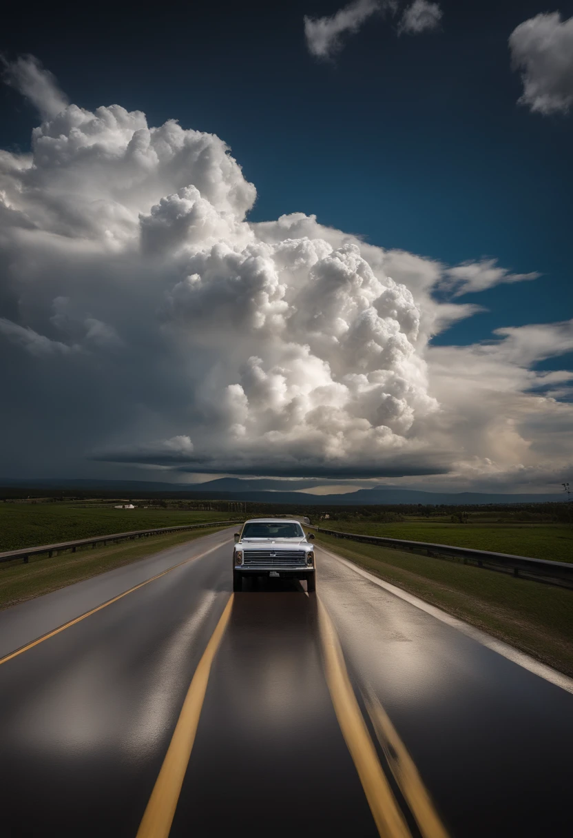 There is a large cloud shaped like a truck on the road, giant clouds, massive clouds, giant cumulonimbus cloud, Large clouds, massive clouds, cloud vortex, voluminous clouds, billowing clouds, large clouds, extreme fluffy clouds, wow clouds, Strange clouds, hyper realistic clouds, Breathtaking clouds, beautiful cloud, White cloud, Large white clouds