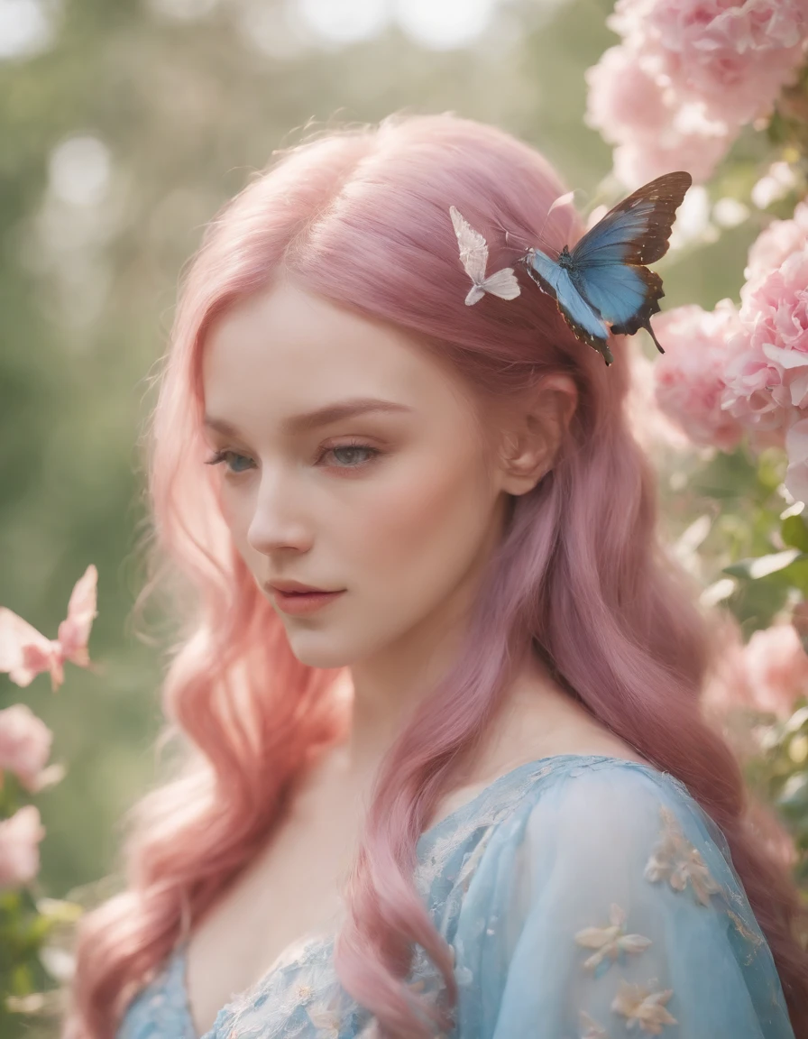 pink color hair and butterfly wings fk yalis kimi iro, in the style of light azure and amber, pre-raphaelite-inspired, playful collage, light violet and light indigo, made of flowers, organic material, painterly style