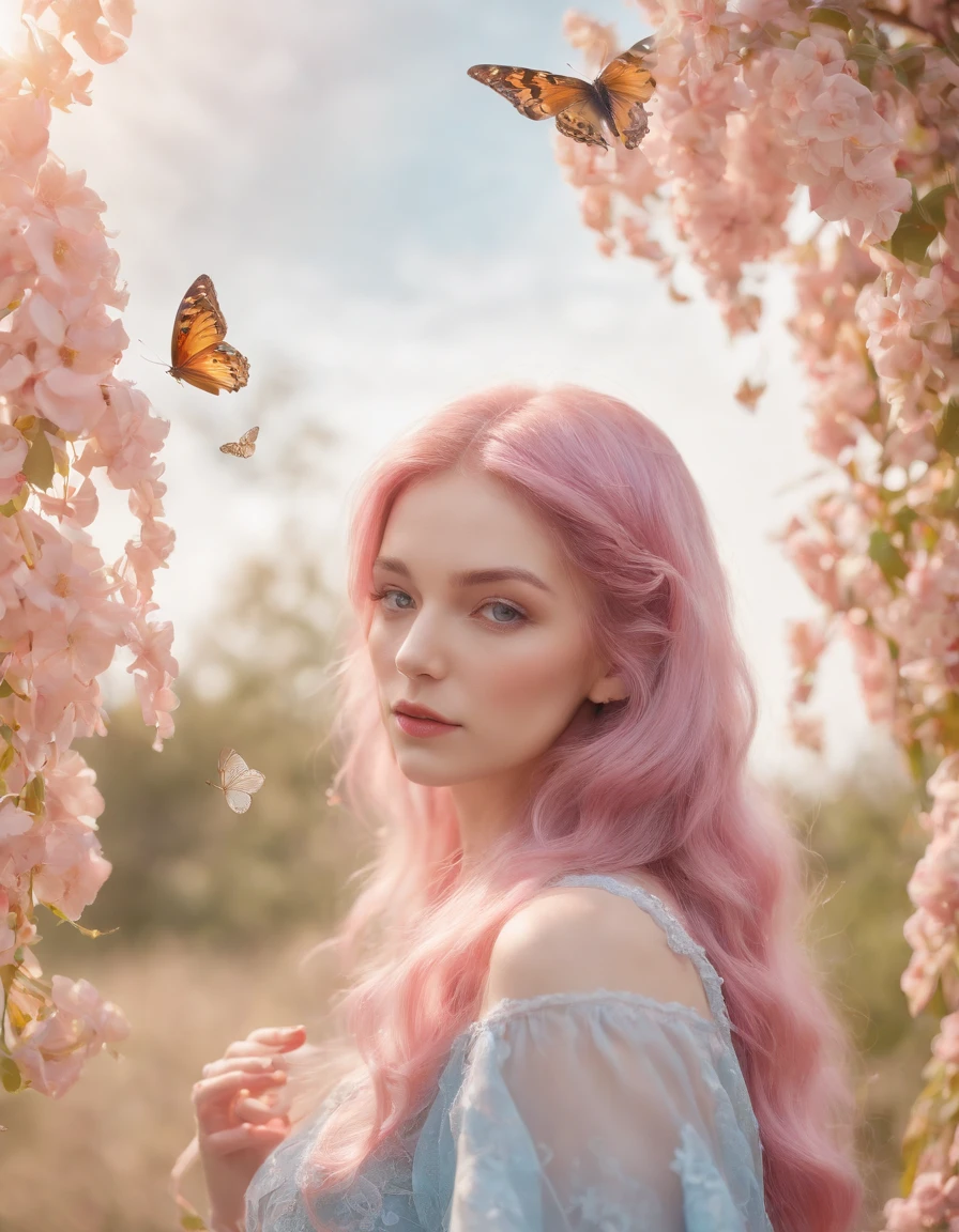 pink color hair and butterfly wings fk yalis kimi iro, in the style of light azure and amber, pre-raphaelite-inspired, playful collage, light violet and light indigo, made of flowers, organic material, painterly style