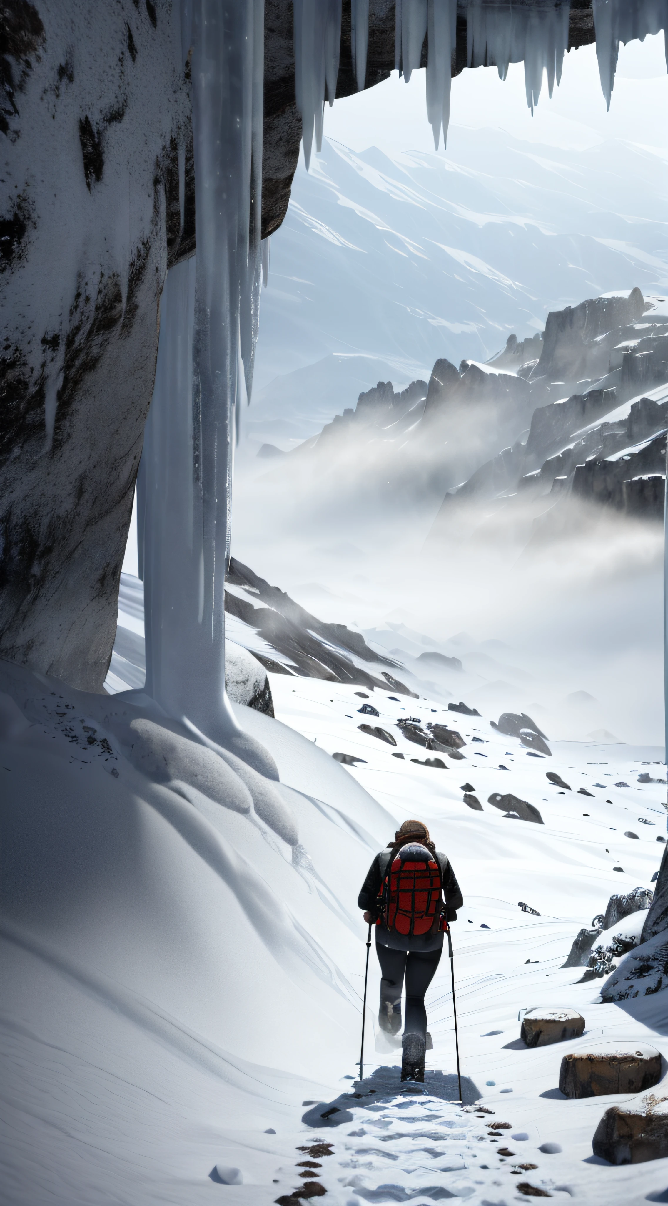 (8k masterpiece, best quality:1.2) Mountain climber hiking up a mountain, frozen abyss, snowy, cold, foggy and misty, overcast day, raytracing, detailed, rocks and ice, crevasse, (footprints in snow:1.2), quixel megascan, subsurface scattering, volumetric lighting, ray tracing,