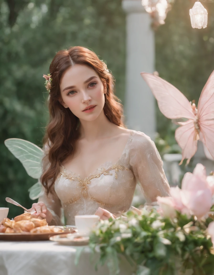 the woman is sitting at a dining table with a fairy fairy laying at her foot, in the style of light pink and light green, anime aesthetic, detailed costumes, i can't believe how beautiful this is, photo-realistic techniques, birds & flowers, light gold and green
