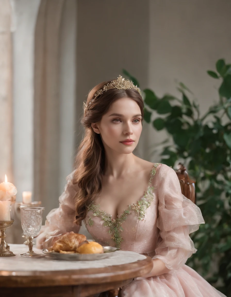 the woman is sitting at a dining table with a fairy fairy laying at her foot, in the style of light pink and light green, anime aesthetic, detailed costumes, i can't believe how beautiful this is, photo-realistic techniques, birds & flowers, light gold and green