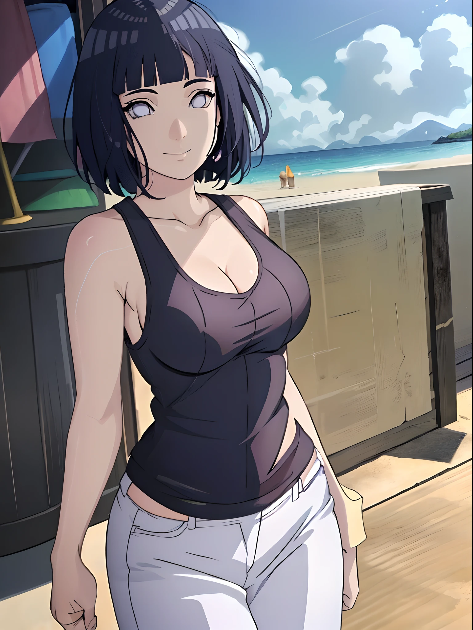 (WALLPAPER, (hinata\(boruto\), white pants, masterpiece, 4k, vector coloring, whole body shot, (high color saturation), contrast lighting, mature female, (curvy:0.8), solo, anime style, sharp focus, professional artwork, intricate details, colorful, vibrant colors, vivid colors, digital blending, ultra detailed body, ultra detail hair, ultra detail face, trending on pixiv, very hot colors, (((beach background, outdoors))), detailed bold arm lines, high color saturation, bold lines, bold drawing lines),
(((dancing, shaking)), (head tilt), closed mouth, kind smile, extremely happy),
((dark blue hair color:1.1), wavy hair, ((short hair, hime cut)),
(perfect eyes, white sciera, bright eyes, white eyes, anime eyes, smoky eyeliner, eyeshadow)
(white skin, (fair skin), slender body, milf, perfect face),
(legs, big breasts, off-shoulders, (detailed shoulders)),
(bare shoulders, bare legs, (closed fists), hands down),
(((white tank top))))