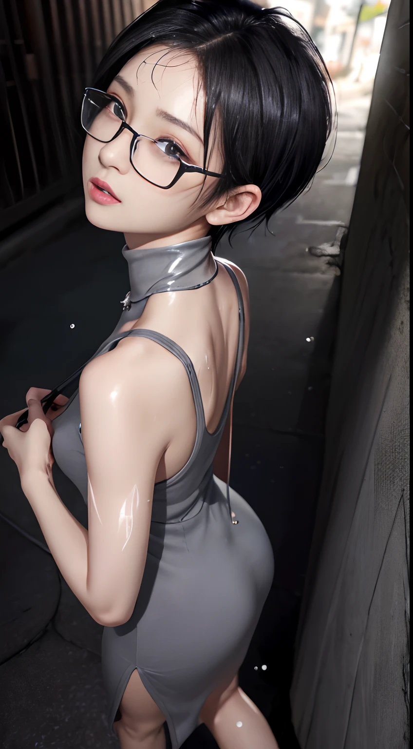 Ridiculous resolution, Ultra-detailed, Best Quality, Illustration, 8K, 超A high resolution, Gray ash hair、Pixie Short、Forehead、eye glass、Short、Tiny、Pin Heel Midnight、 slender, cum in ,straight haired、Short hair, Glasses , (((Sweat)))、turtleneck dress、skiny、Pin Heel Sandals、beauty legs、
Have a handheld game console,NOWAI、Back alley、Full body painting、Detailed face、Delicate facial features、Detailed skin、Shiny skin、Detailed face、Delicate facial features、Detailed skin、Shiny skin、Beautiful face、Perfect face、very detailed beautiful face and eyes、alluring face、Angle from above、look up to、nightclubs、