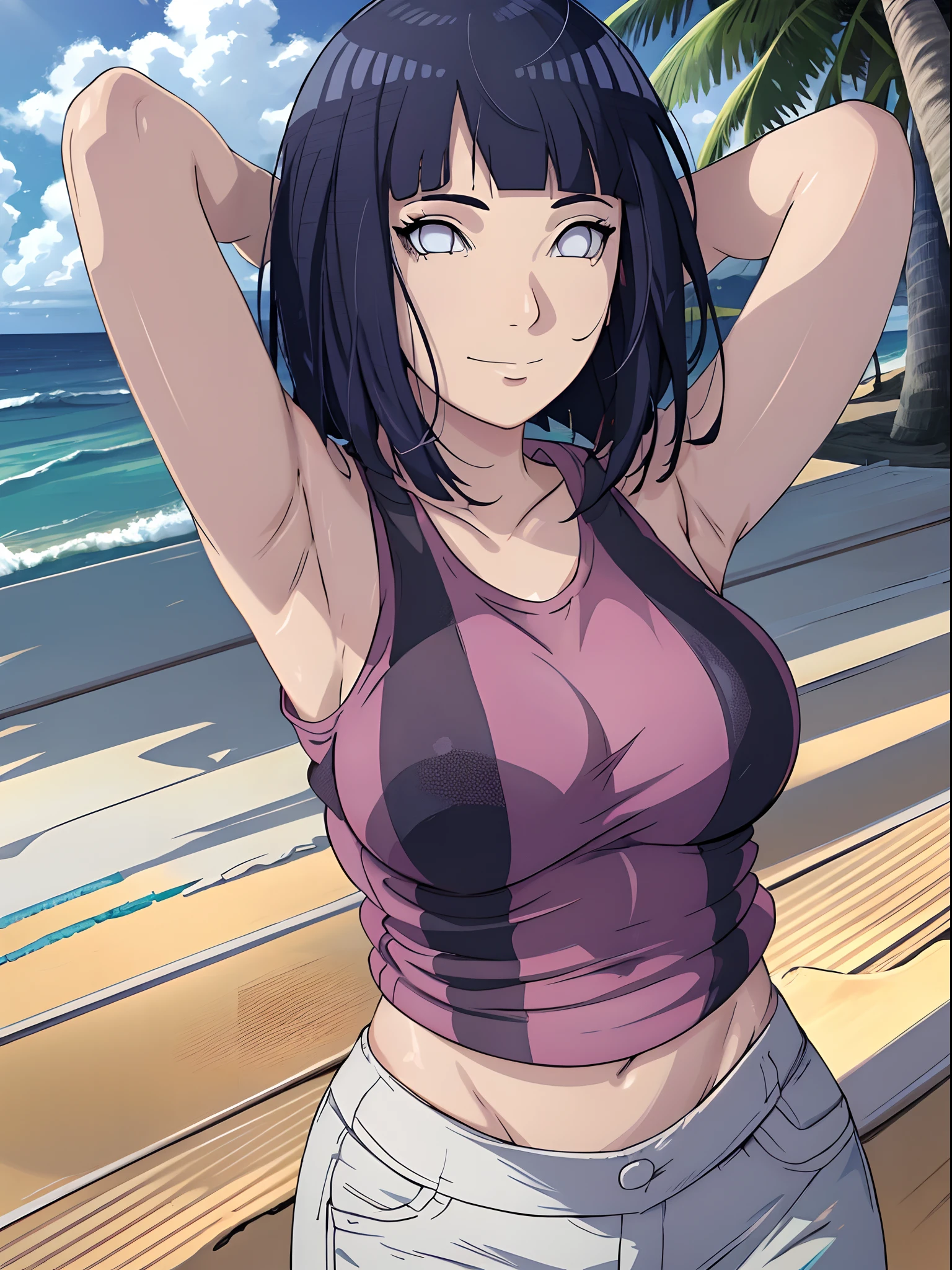 (WALLPAPER, (hinata\(boruto\), white pants, masterpiece, 4k, vector coloring, whole body shot, (high color saturation), contrast lighting, mature female, (curvy:0.8), solo, anime style, sharp focus, professional artwork, intricate details, colorful, vibrant colors, vivid colors, digital blending, ultra detailed body, ultra detail hair, ultra detail face, trending on pixiv, very hot colors, (((beach background, outdoors))), detailed bold arm lines, high color saturation, bold lines, bold drawing lines),
(((dancing, shaking)), (head tilt), closed mouth, kind smile, extremely happy),
((dark blue hair color:1.1), wavy hair, ((short hair, hime cut)),
(perfect eyes, white sciera, bright eyes, white eyes, anime eyes, smoky eyeliner, eyeshadow)
(white skin, (fair skin), slender body, milf, perfect face),
(legs, big breasts, off-shoulders, (detailed shoulders)),
(bare shoulders, bare legs, (closed fists), hands down),
(((white tank top))))