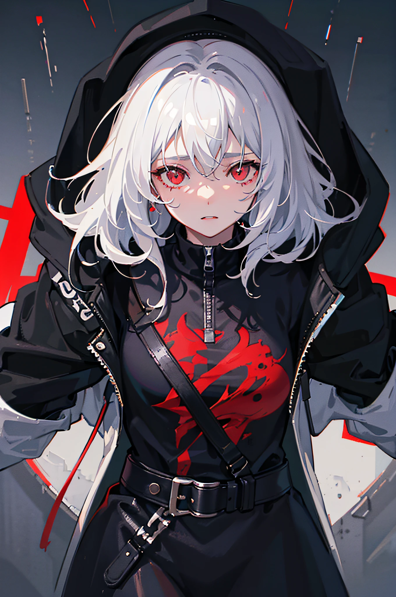 1girl, jacket, rain, outdoor, hoodie, open jacket, chain, backpack, looking at another, messy hair, white hair, red eyes, trending on artstation, 8k resolution, highly detailed, anatomically correct, sharp image, digital painting, concept art, trending on pixiv, style of makoto shinkai,