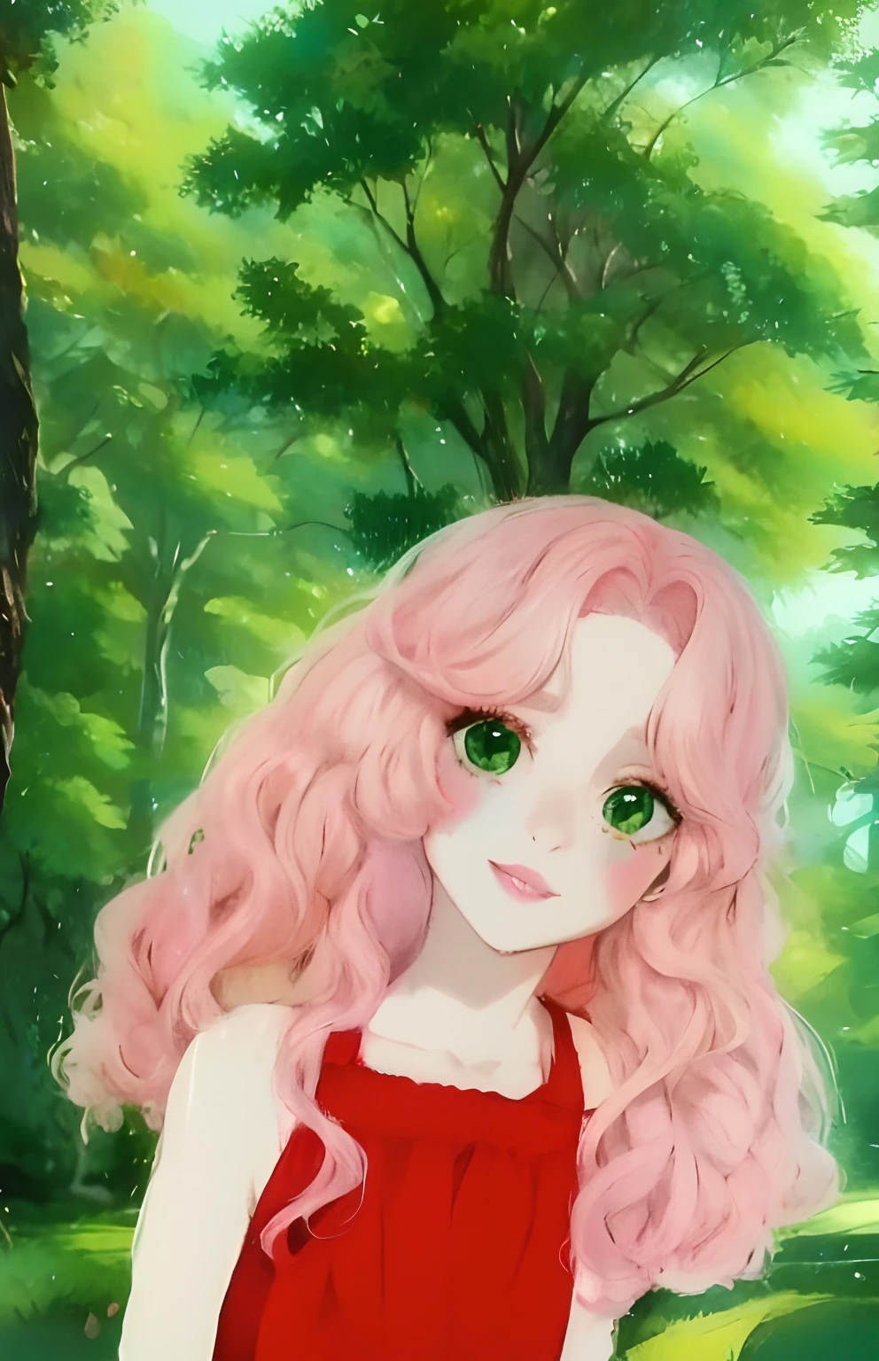 uma pintura de uma menina com cabelo rosa e olhos verdes, cabelo rosa encaracolado, retrato bonito do anime, arte 8K, menina de vestido vermelho, menina de olhos verdes, menina de cabelos rosa claro, menina de labios rosa, estilo anime 4K