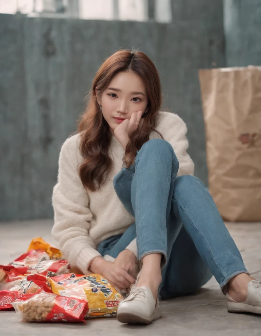 a girl sitting on the floor with a bag of treats, in the style of sandara tang, pop art sensibilities, spectacular backdrops, miwa komatsu, , kitsch and camp charm, dolly kei