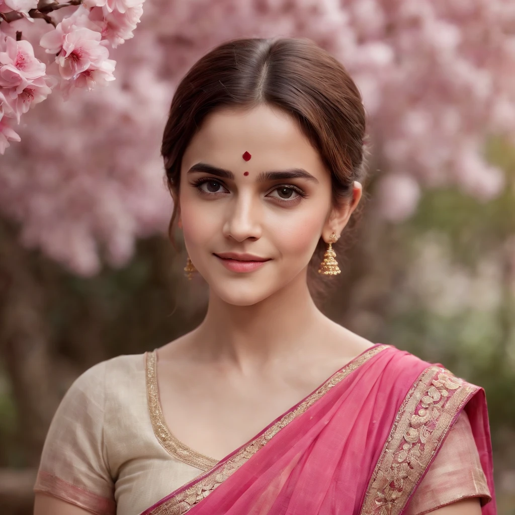 (best quality,4k,8k,highres,masterpiece:1.2),ultra-detailed,(realistic,photorealistic,photo-realistic:1.37),Emma Watson in Indian Pink Saree,cute smile,shyness,extremely detailed face and eyes,beautiful detailed lips,soft and smooth light,detailed hands with long slim fingers,detailed costume with intricate patterns,full body view,traditional Indian garden as the background,vibrant colors,HDR lighting,peaceful ambiance,traditional art style,graceful poses,glimmering sakura petals in the air