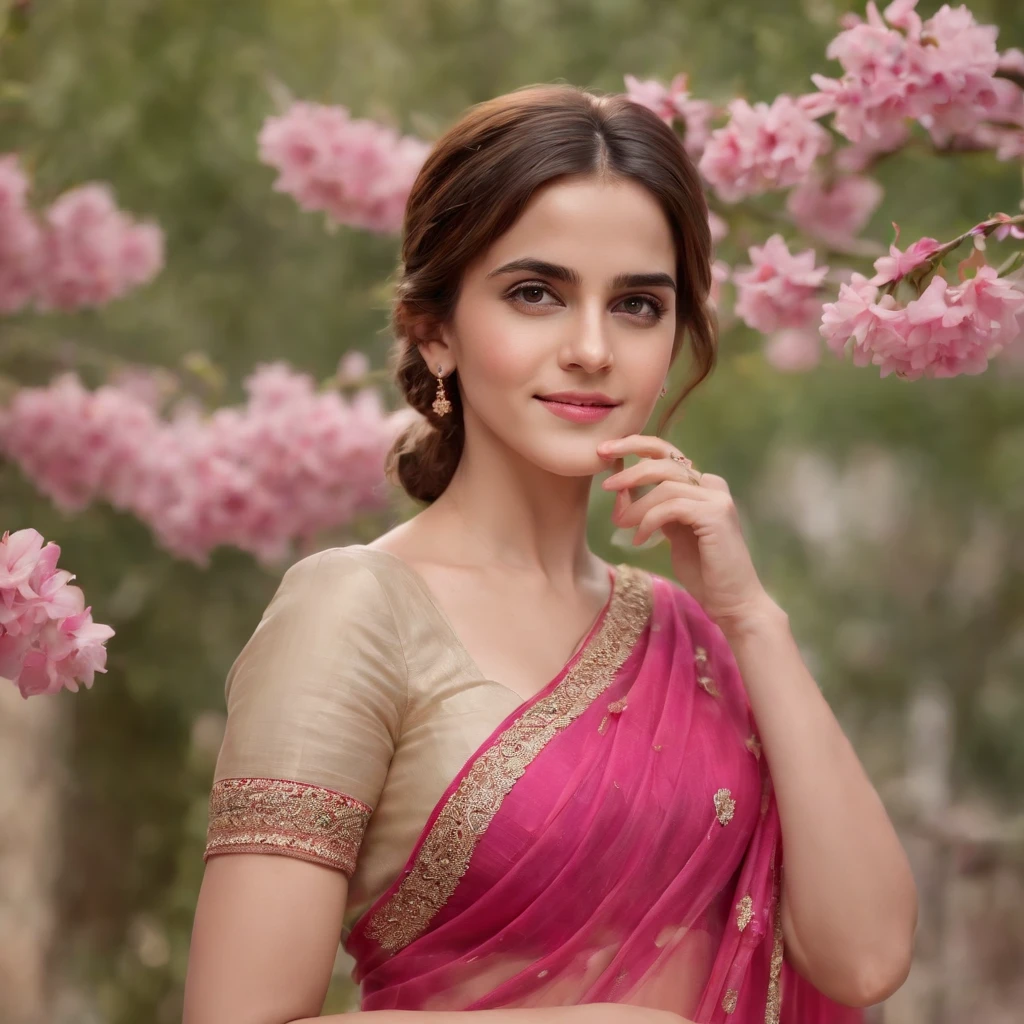 (best quality,4k,8k,highres,masterpiece:1.2),ultra-detailed,(realistic,photorealistic,photo-realistic:1.37),Emma Watson in Indian Pink Saree,cute smile,shyness,extremely detailed face and eyes,beautiful detailed lips,soft and smooth light,detailed hands with long slim fingers,detailed costume with intricate patterns,full body view,traditional Indian garden as the background,vibrant colors,HDR lighting,peaceful ambiance,traditional art style,graceful poses,glimmering sakura petals in the air