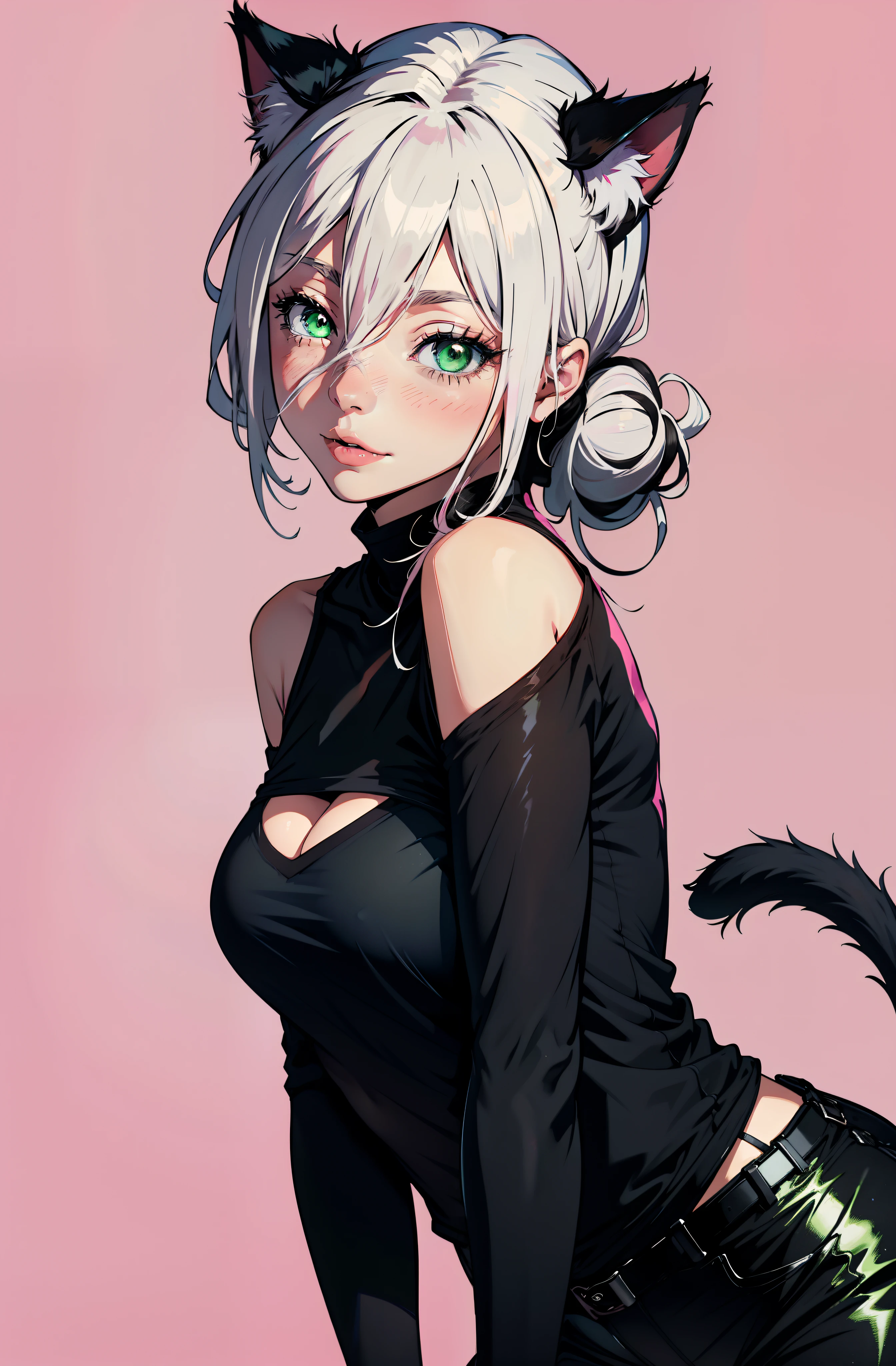 Girls and cats，Pink and black are the base colors，Long white shawl hair，green-eyed，Two-dimensional girl，With cat ears，The background is a mixed pink and black graffiti