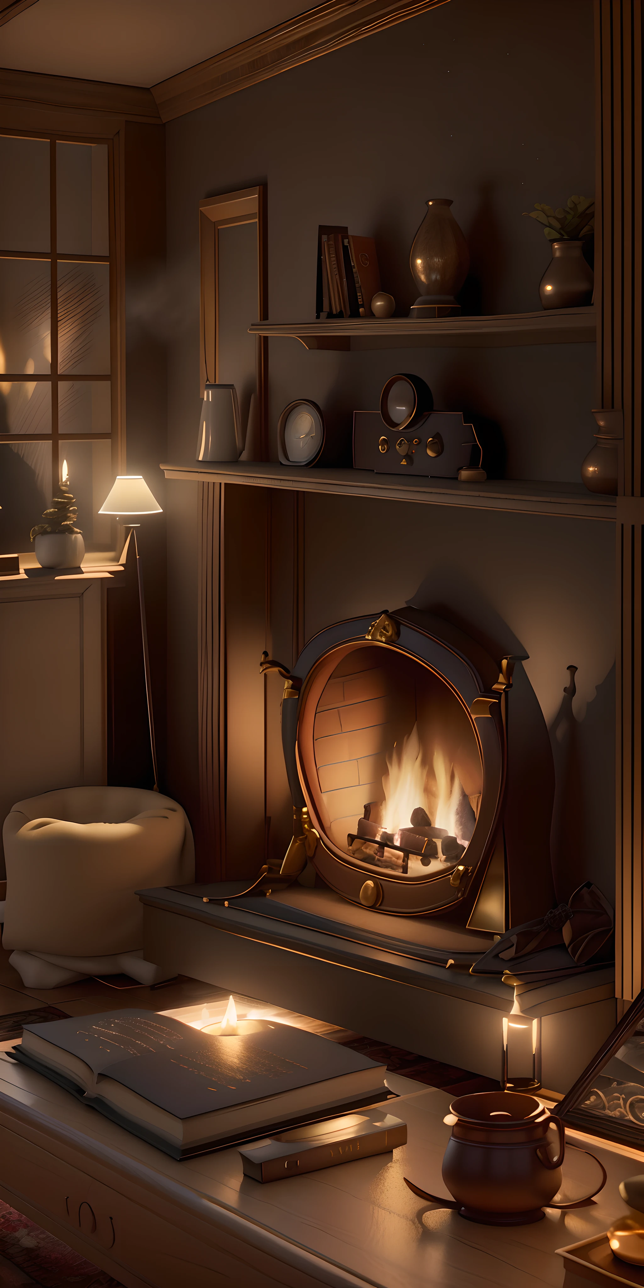 fireplace in a room with a book and a lamp, cozy home background, cozy wallpaper, cozy environment, cozy place, rendered in 3 dsmax, cosy fireplace, cozy living room background, cosy enchanted scene, warm fireplace, cozy atmospheric, cozy room, rendered in octane render, rendered in v-ray, 3 d stylize scene, stylized 3d render