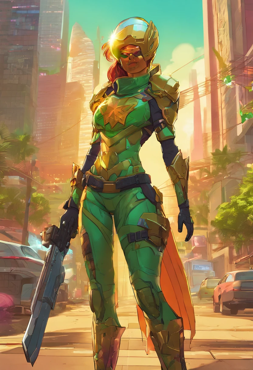 Generate an image of a solarpunk-inspired eco-street guardian knight in a lush, vibrant metropolis. The guardian is a strong and determined Syrian woman, wearing futuristic, lightweight solar-powered full-body armor with a golden sheen. A star-shaped crest is visible on her chest. Her face is uncovered, radiating determination as she patrols the eco-friendly streets. The cityscape around her is a thriving, green paradise, with advanced solar technology seamlessly integrated into the architecture. This guardian symbolizes sustainability and protection in this utopian urban setting.