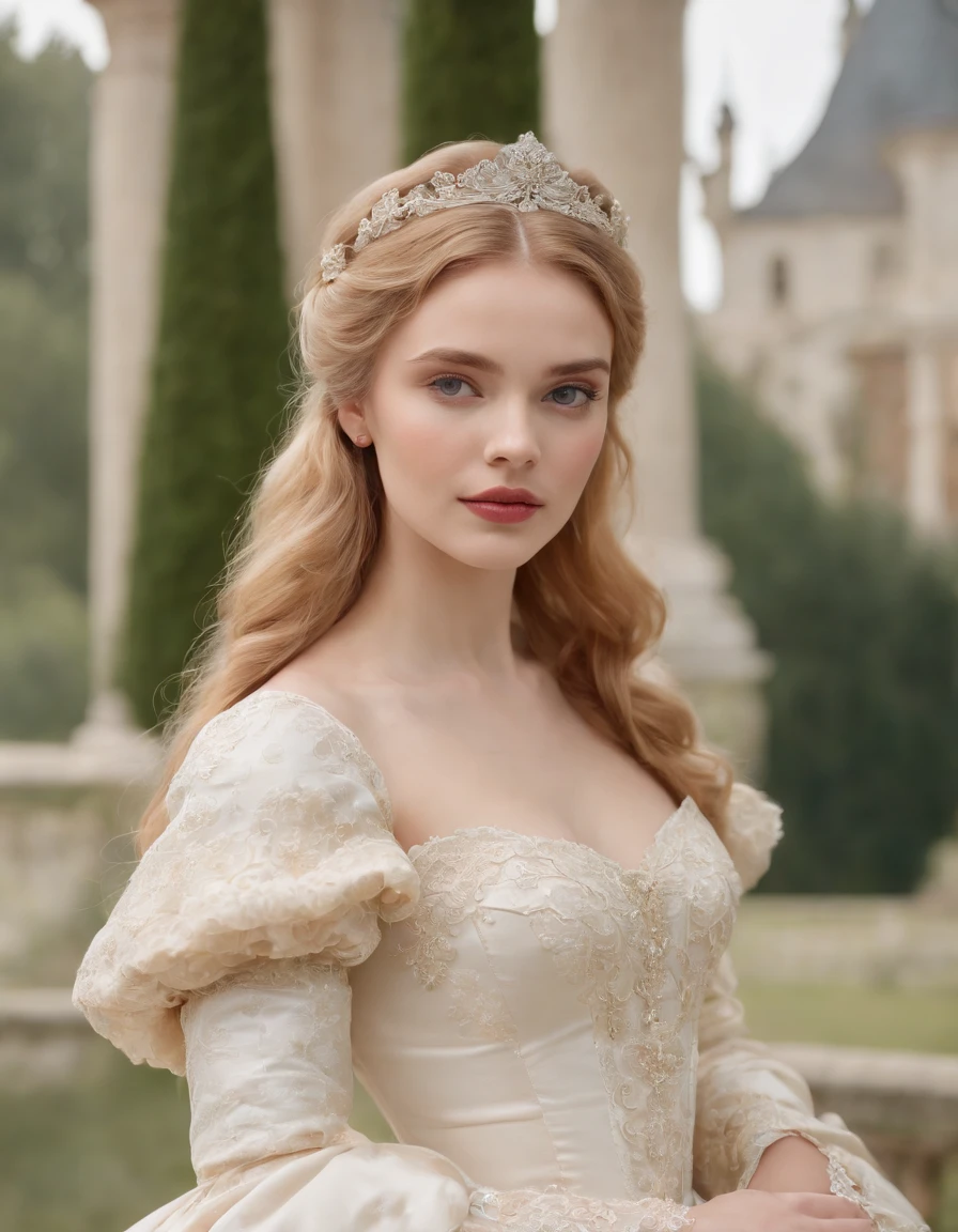 Young knight bride, golden hair,in the style of rococo-inspired details,in the palace behind,whimsical portraits, 32k uhd, john tenniel, light white and light pink,classic hollywood glamour, anime-inspired, soft atmospheric light,large view