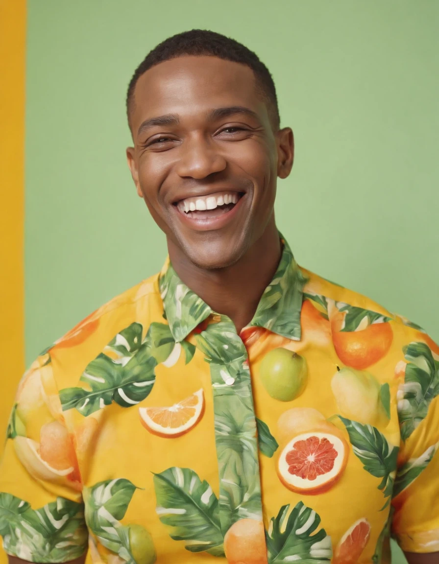 man laughing on yellow background with shirt of tropical fruit, in the style of mixed patterns, marbleized, animated gifs, harlem renaissance, naturalistic bird portraits, light green and orang (medium shot)