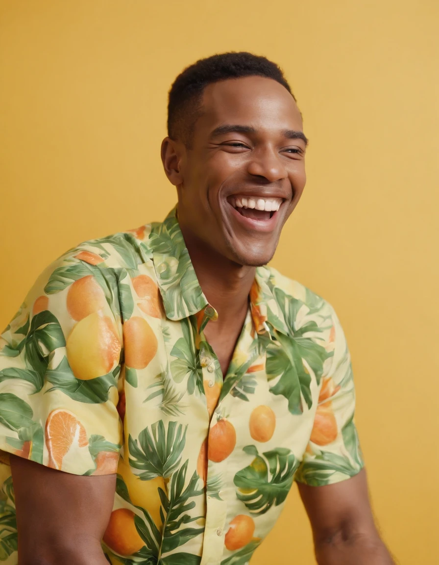 man laughing on yellow background with shirt of tropical fruit, in the style of mixed patterns, marbleized, animated gifs, harlem renaissance, naturalistic bird portraits, light green and orang (medium shot)