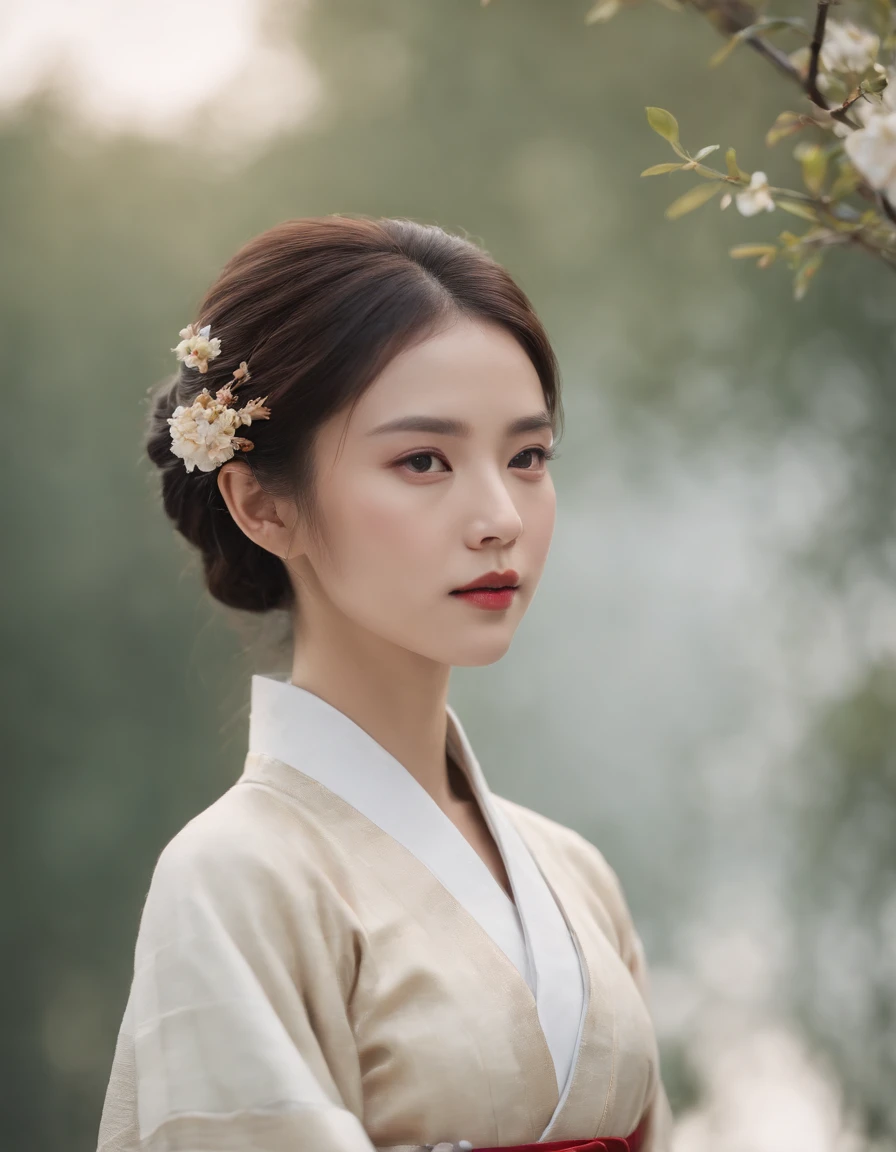 a gorgeous lady in minimal hanfu,long shot,delicate facial details,symetrical , chinese minimalism , concolorous,realistic photographs, realistic images and people,in the style of influenced by ancient chinese art, experimental cinematography