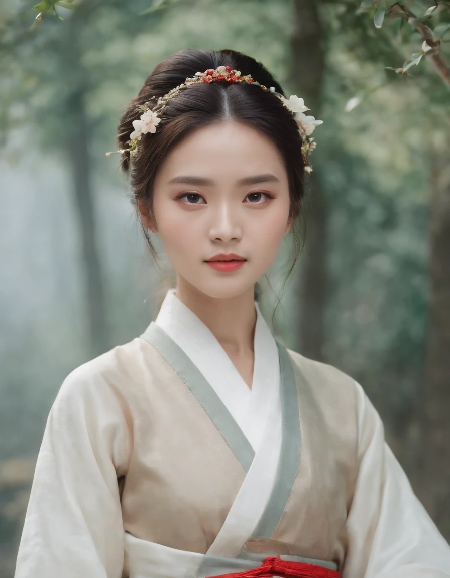 a gorgeous lady in minimal hanfu,long shot,delicate facial details,symetrical , chinese minimalism , concolorous，realistic photographs, realistic images and people,in the style of influenced by ancient chinese art, experimental cinematography