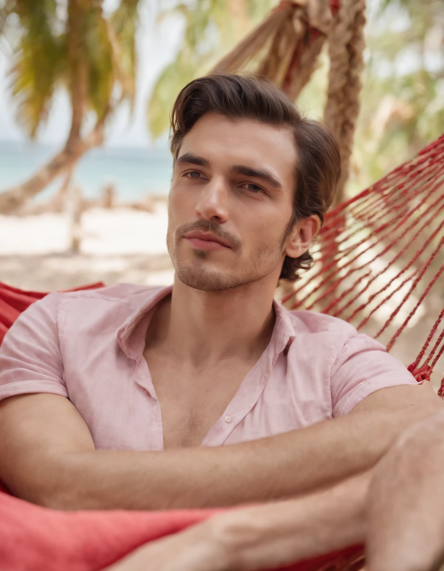 a male relax in a hammock on a tropical island, in the style of light pink and red, 8k resolution, el greco, candid portraits, yildiray cinar, brothers grimm, portraitures (cowboy shot)