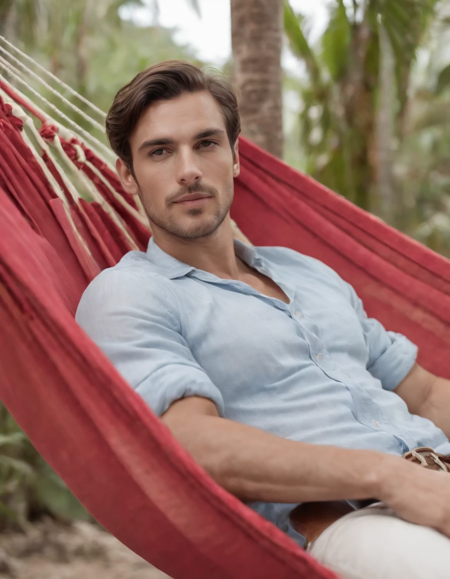 a male relax in a hammock on a tropical island, in the style of light pink and red, 8k resolution, el greco, candid portraits, yildiray cinar, brothers grimm, portraitures (cowboy shot)