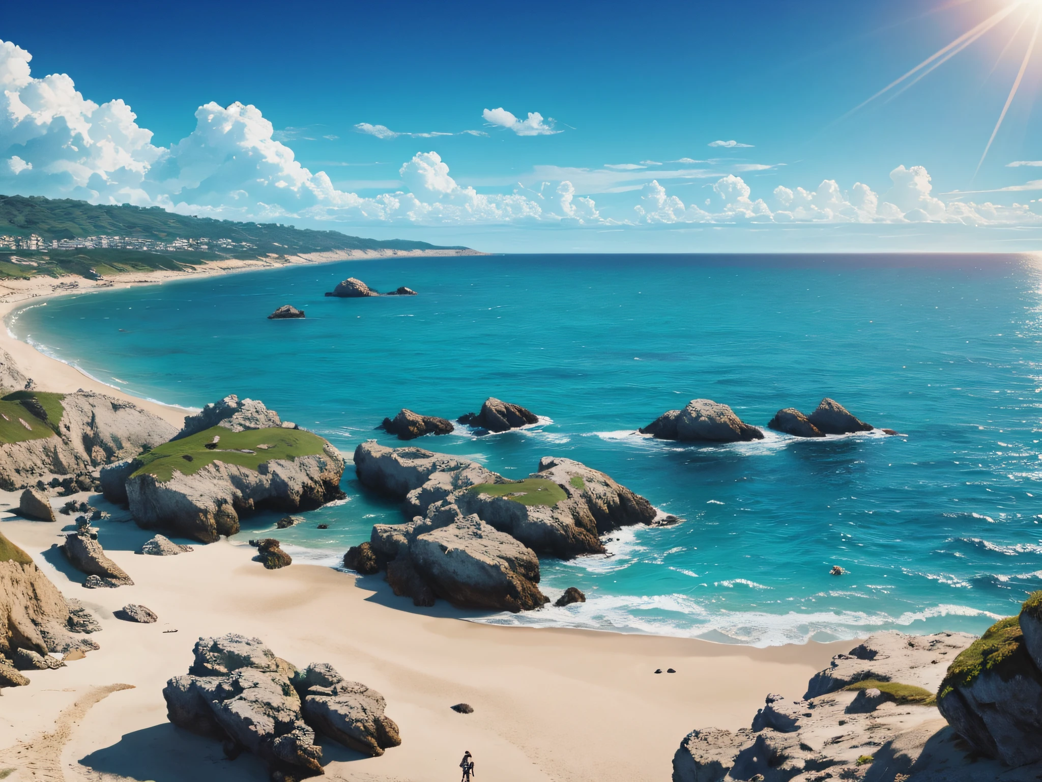 sea, seashore, blue sky with full of sunlight, clouds, scenery shot, ultra wide shot, Surrealism, Hyper Realistic, 90s video game