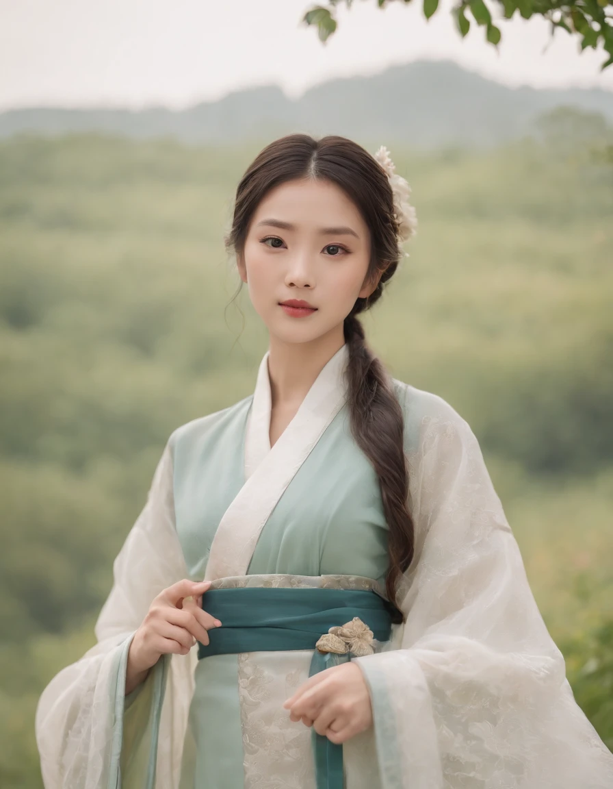 This movie will feature Young and beautiful,Elegant Hanfu clothing adds traditional Chinese charm,Serene expression and peaceful demeanor,Natural lighting enhances,the natural and authentic feel of the photo,Texture of the skin creates a layered depth to the image,Natural landscape serves,as a peaceful and tranquil backdrop,Emphasis on the model’s natural beauty and authenticity,The aperture ranges from f/2.8-4.5 and the shutter speed is between 1/125-1/250 seconds