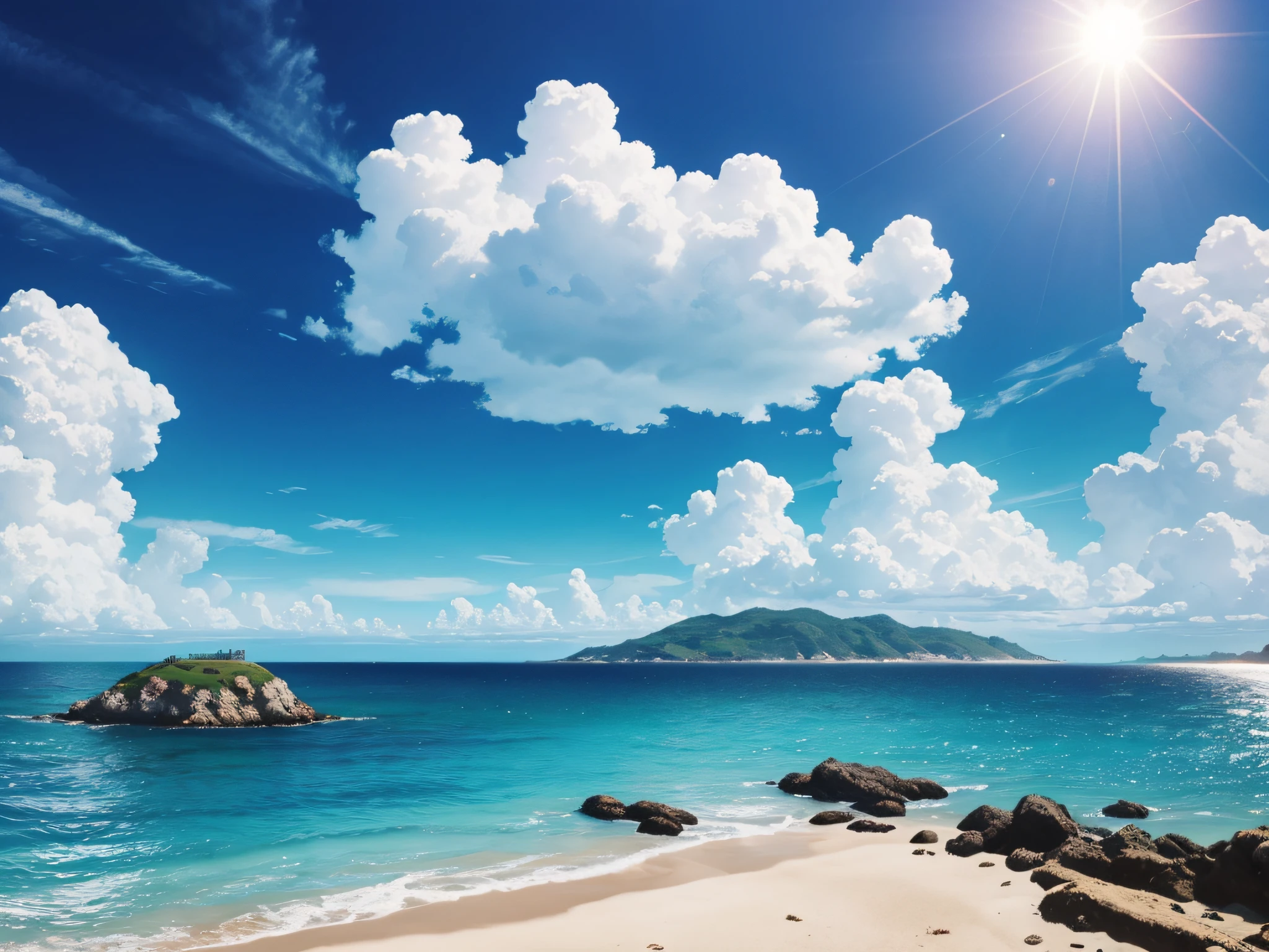 sea, seashore, blue sky with full of sunlight, clouds, scenery shot, ultra wide shot, Surrealism, Hyper Realistic, 90s video game