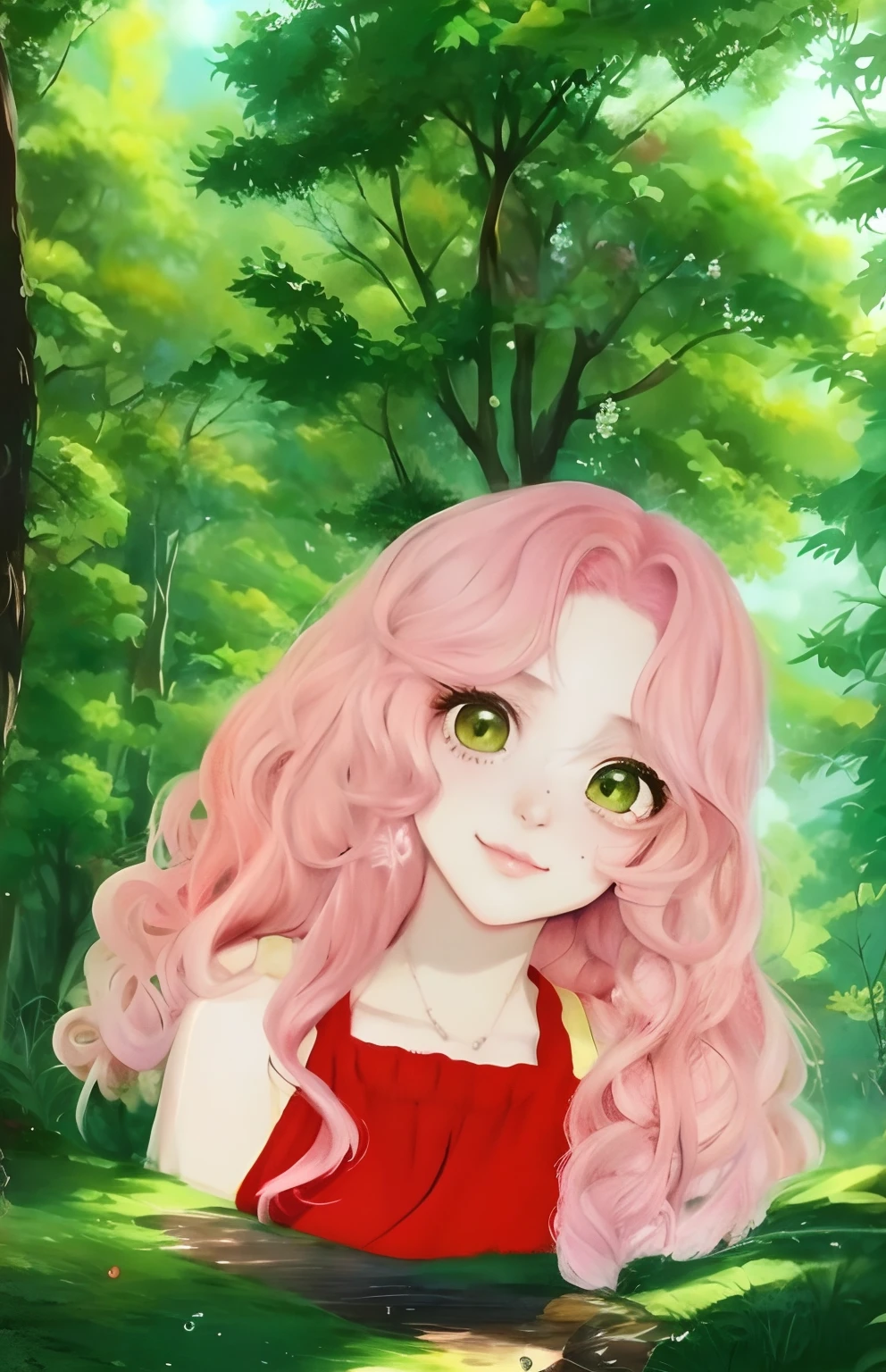 uma pintura de uma com cabelo rosa e olhos verdes, pintado em anime painter studio, feito com anime painter studio, estilo de arte anime, Estilo de arte anime bonito, anime exuberante john 8k madeiras, retrato estilo anime, cabelo rosa encaracolado, retrato bonito do anime, estilo de arte de anime, estilo realismo anime, realistic anime art style, pintura de anime, estilo anime semi-realista