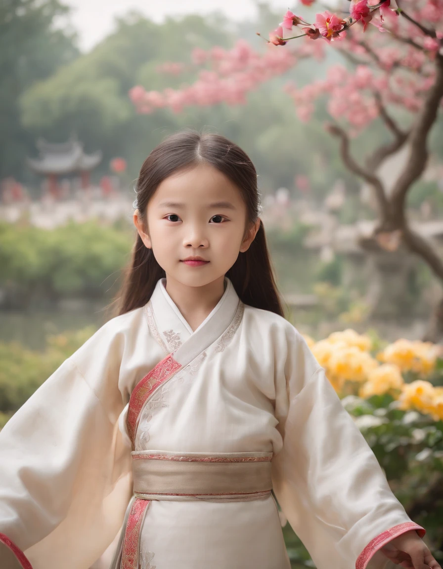 [A full length shot of ]A 6--old nese girl in Han clothing. Background of Chinese classical gardens ,bright natural light.Best quality, photo realistic.