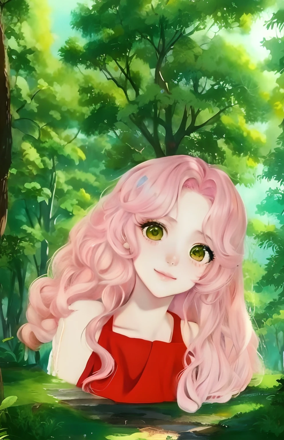 uma pintura de uma com cabelo rosa e olhos verdes, pintado em anime painter studio, feito com anime painter studio, estilo de arte anime, Estilo de arte anime bonito, anime exuberante john 8k madeiras, retrato estilo anime, cabelo rosa encaracolado, retrato bonito do anime, estilo de arte de anime, estilo realismo anime, realistic anime art style, pintura de anime, estilo anime semi-realista