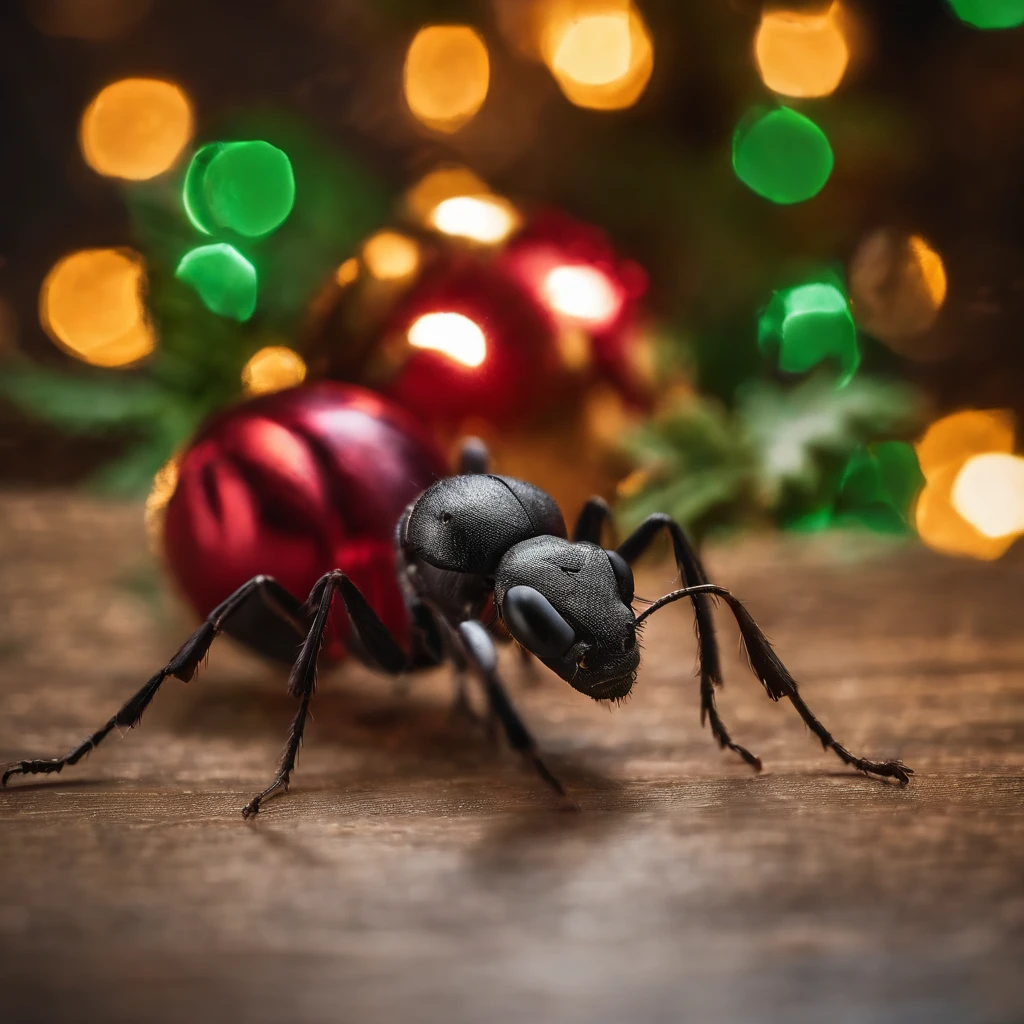 an ant surrounded with many gifts in shiny Christmas with colorful light