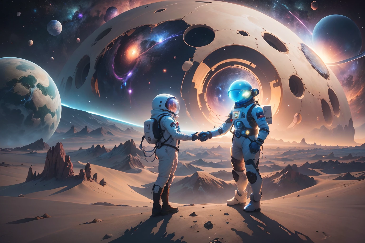(A human man in a spacesuit shakes hands with a blue alien creature),(In the background is a mysterious red glowing planet),Breathtaking and magnificent space image scenes.,The scene is highly-detailed,Clarity is extraordinary,Every intricate detail of the panorama is captured,((tmasterpiece)),((best qualtiy)),8K,high detal,((Masterpiece)), (Best quality)),