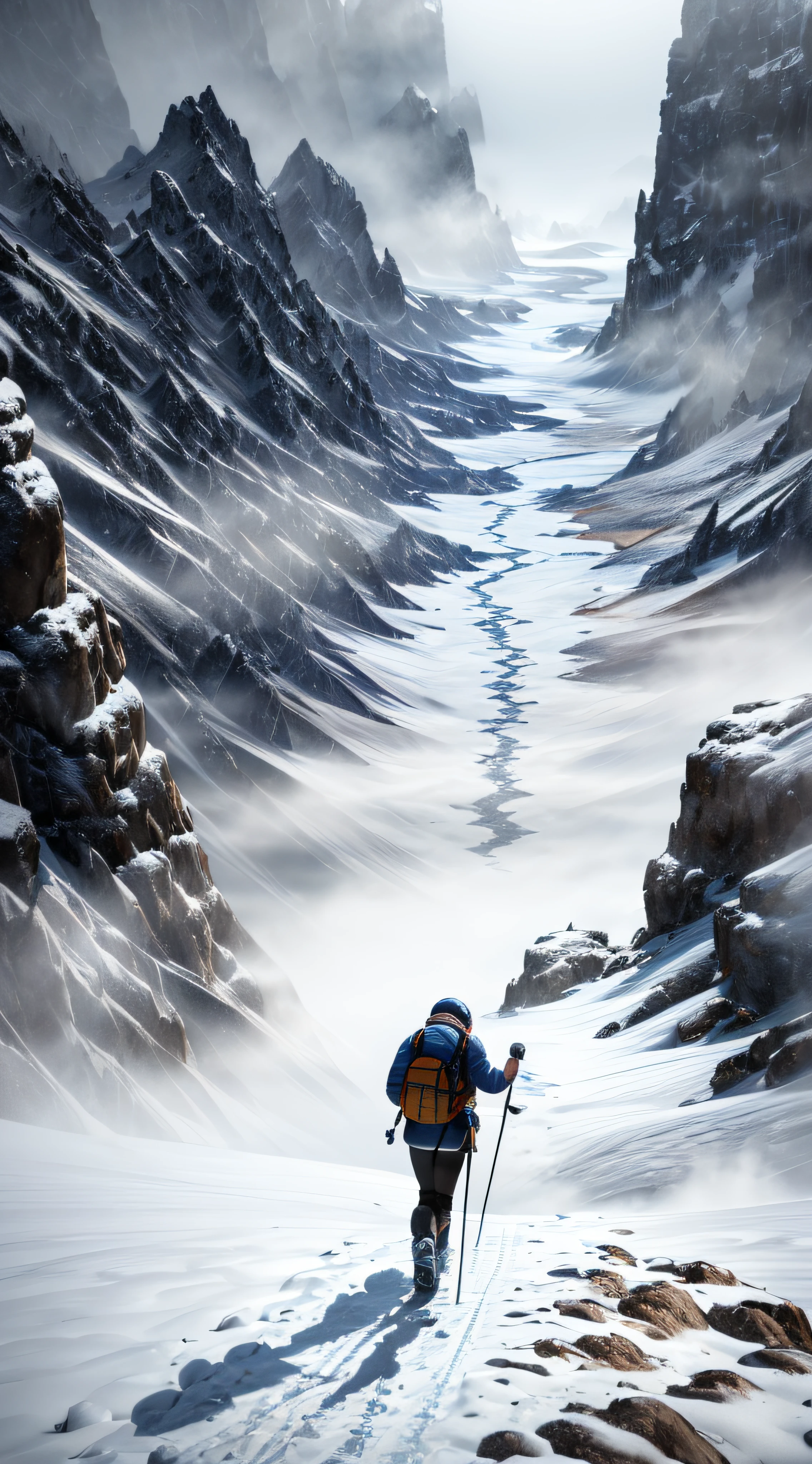 (8k masterpiece, best quality:1.2) Mountain climber hiking up a mountain, frozen abyss, snowy, cold, foggy and misty, overcast day, raytracing, detailed, rocks and ice, ice crevasse, epic snow texture, (footprints in snow:1.2), quixel megascan, subsurface scattering, volumetric lighting, ray tracing,