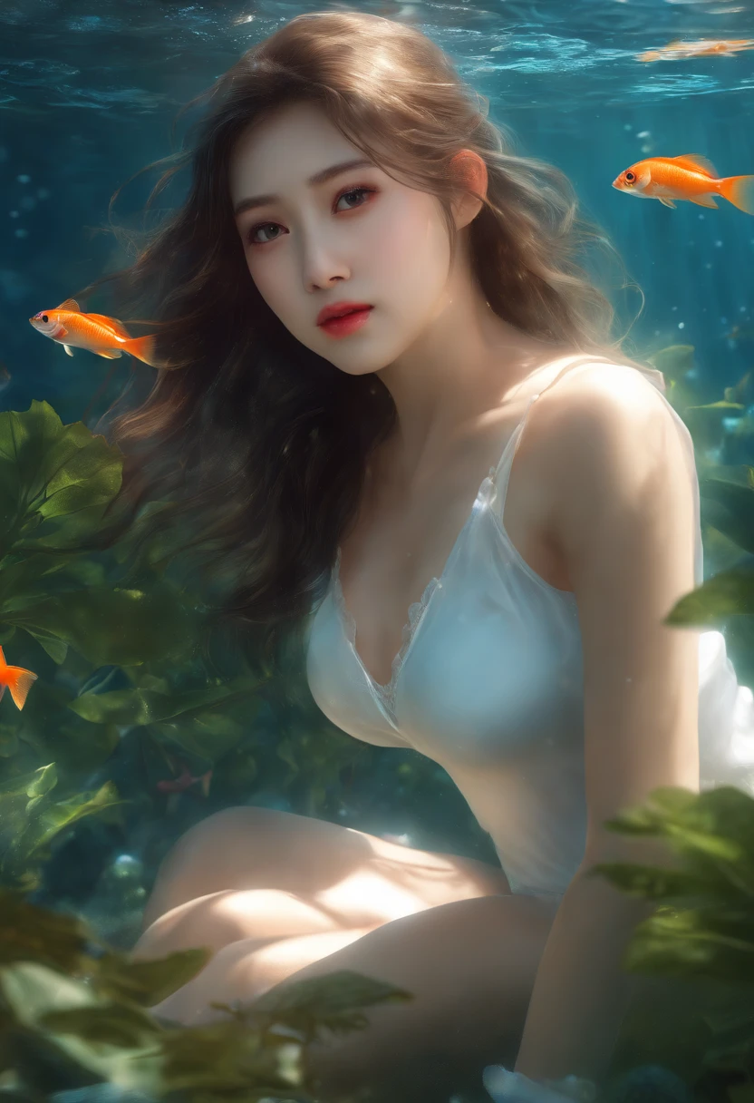 (RAW photo, best quality),(realistic, photo-realistic:1.3),(extremely delicate and beautiful:1.1),
1girl,
white camisole, blue shorts,
(exquisitely detailed skin),
underwater, fishes, plants, fantasy,
best shadow,intricate,
cinematic light,perfect anatomy,(coolcolor:1.4),water,yushuishu,Forest system, (original), Underwater Di,shuixia,youna,linghua,tifa