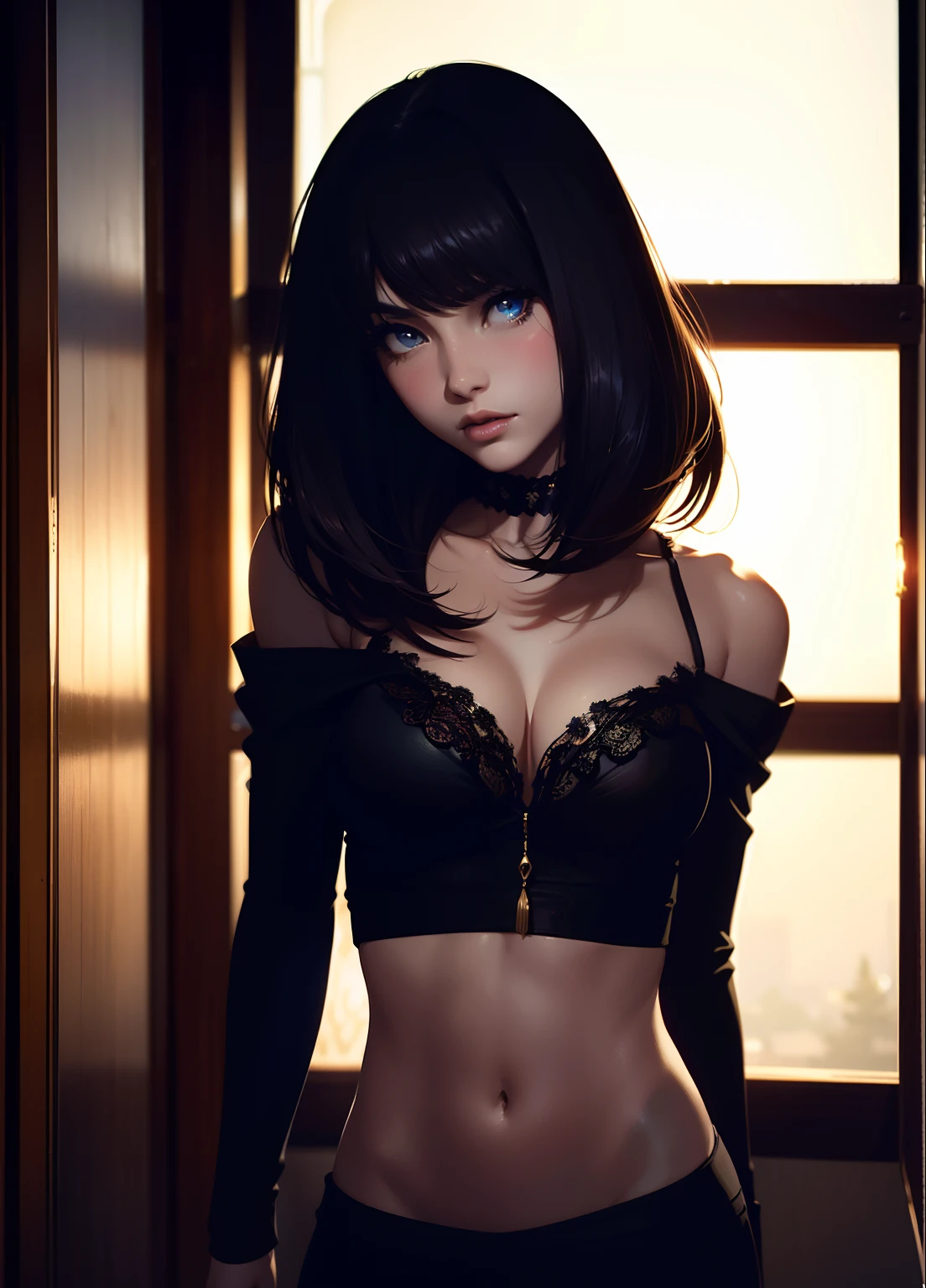 (Cinematic Digital Artwork: 1.3), High quality, masutepiece, of the highest quality, Super Detail, Illustration, [4K Digital Art]、 lndswgnr, (Sharp Focus: 1.5), (Moody lighting:1.2), depth of fields, Bokeh, 4K, nffsw. in door (by James C. Christensen:1.2|Jeremy Lipking:1.1)、 (Sharp Focus:1.2), Photo, attractive young woman, (Beautiful face:1.1), Detailed eyes, luscious lips, (Bold red lip color:0.85), (medium breasts:1.0), (Slim body:1.2), gyaru、crop top、midriff、off-shoulder、bare shoulder、forehead、short okappa、straight hair