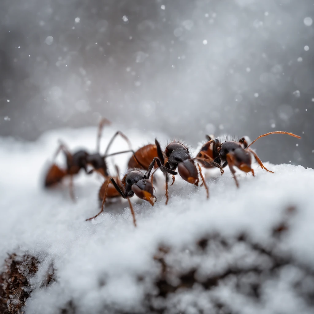 a row of ants in the snowy forest