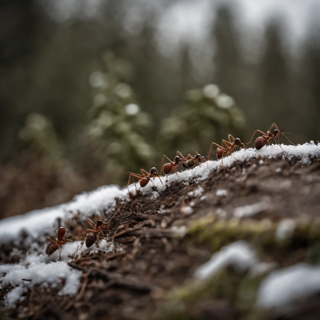 a row of ants in the snowy forest
