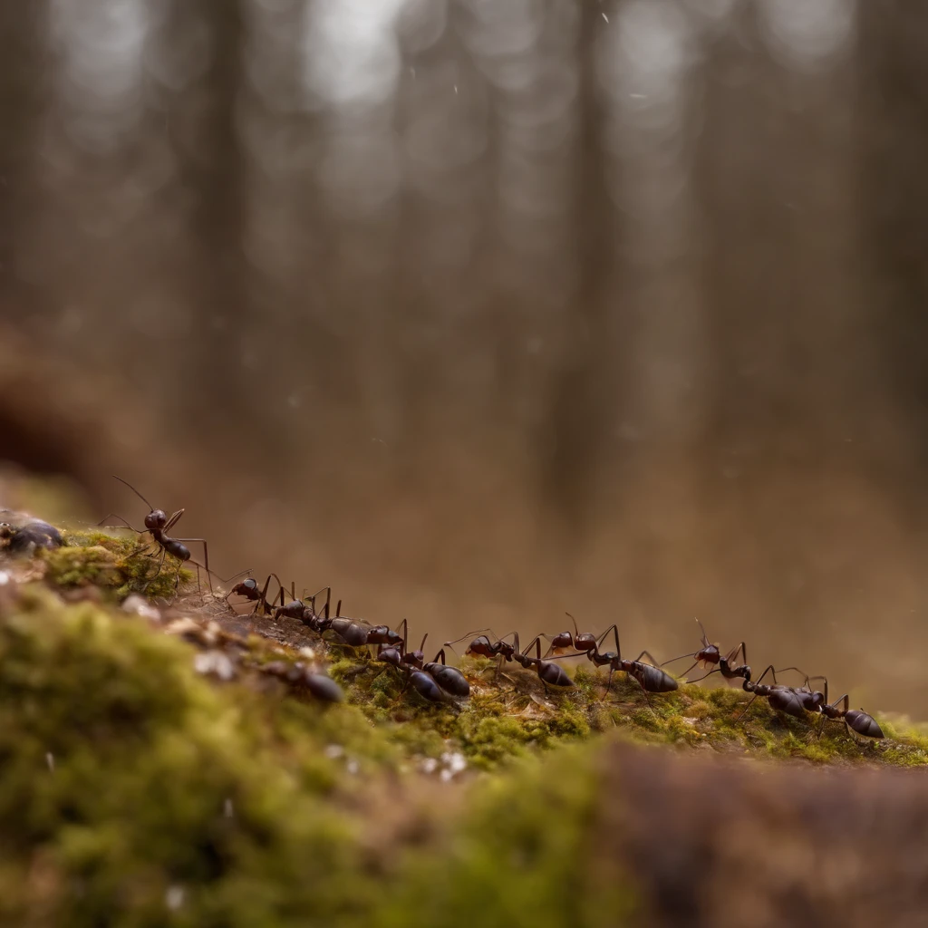 a row of ants in the snowy forest