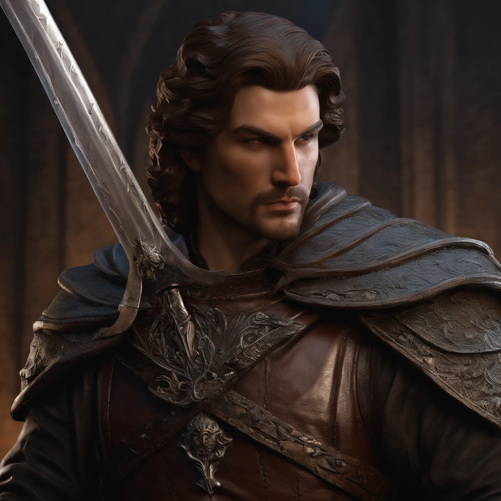 bust of a man with a sword, highly detailed character, high detail iconic character, fantasy assassin, male medieval assassin, holds a sword, bust portrait of an assassin, resin statue, medieval fantasy game art