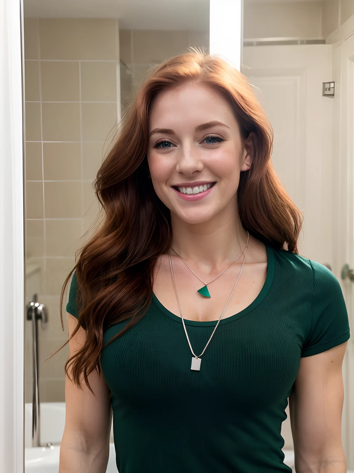 attractive welsh woman, ripped muscle, muscular body, pale skin, smiling(blush), short sleeve t shirt, thin necklace, [ultra detailed skin:1.2], redhead, green eyes, long hair, 8k uhd, full body, stand, sweat, cum on face, crowd, bathroom, night,